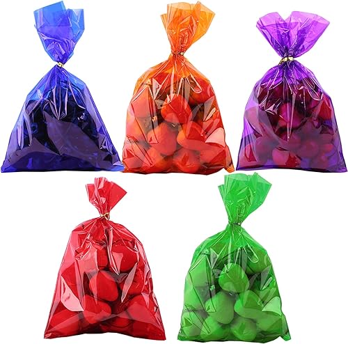 Morepack Bolsas de celofán de colores, 6 x 9 pulgadas, 100 bolsas de celofán coloridas con 100 lazos giratorios, bolsas de violonchelo de 2.5 mil