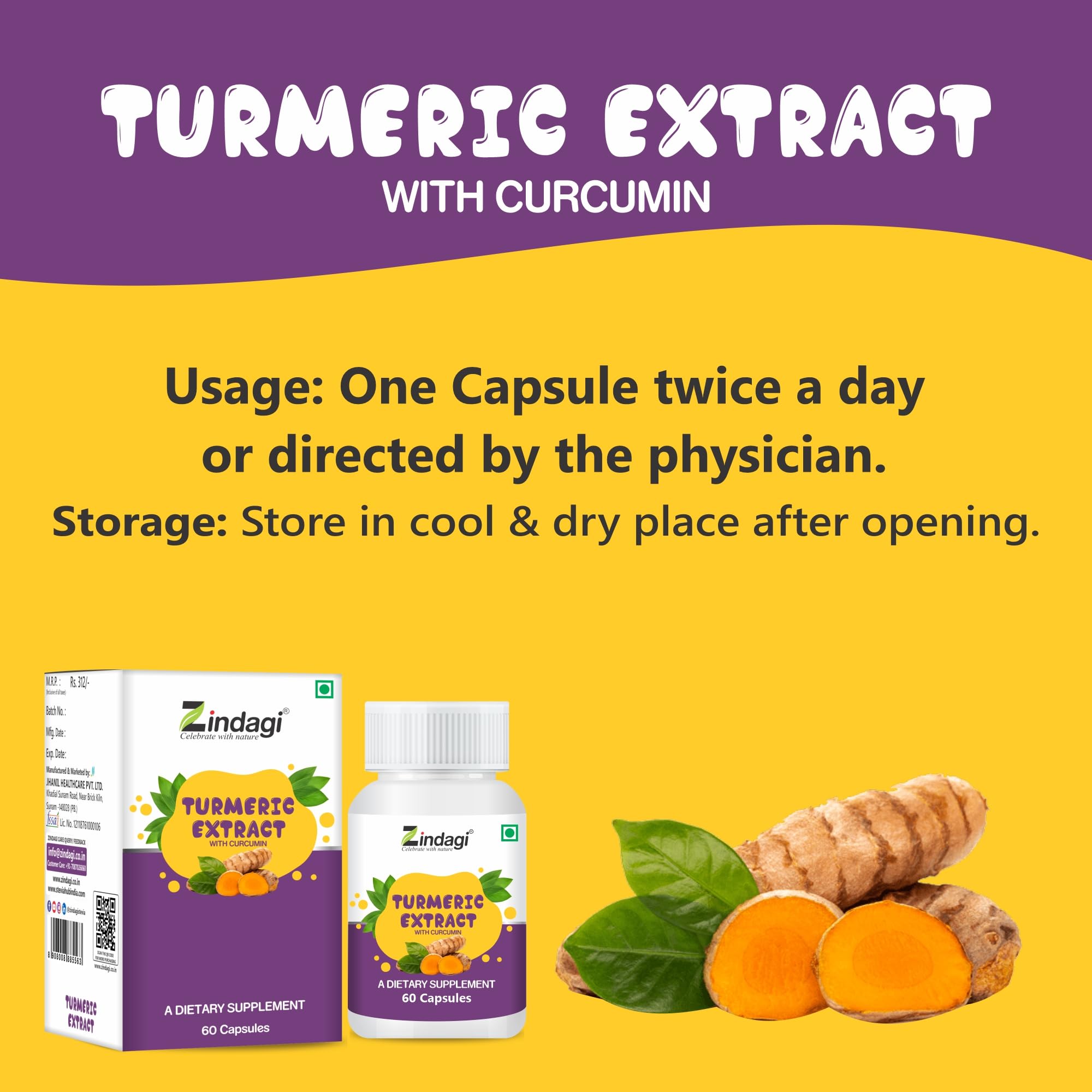 Zindagi Turmeric Extract Capsules With Curcumin - Maintain Healthy Joints - Powerful Antioxidant - 60 Capsules (Pack of 2) - Image 8 thumbnail