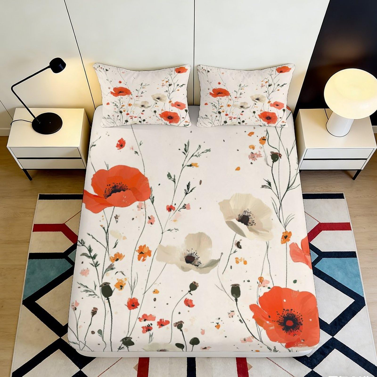 3D Printed Red Poppy Fitted Sheet Microfiber Soft Floral Meadow Bed Cover for Bedroom Guest Room Mattress Decor 200x200x25cm