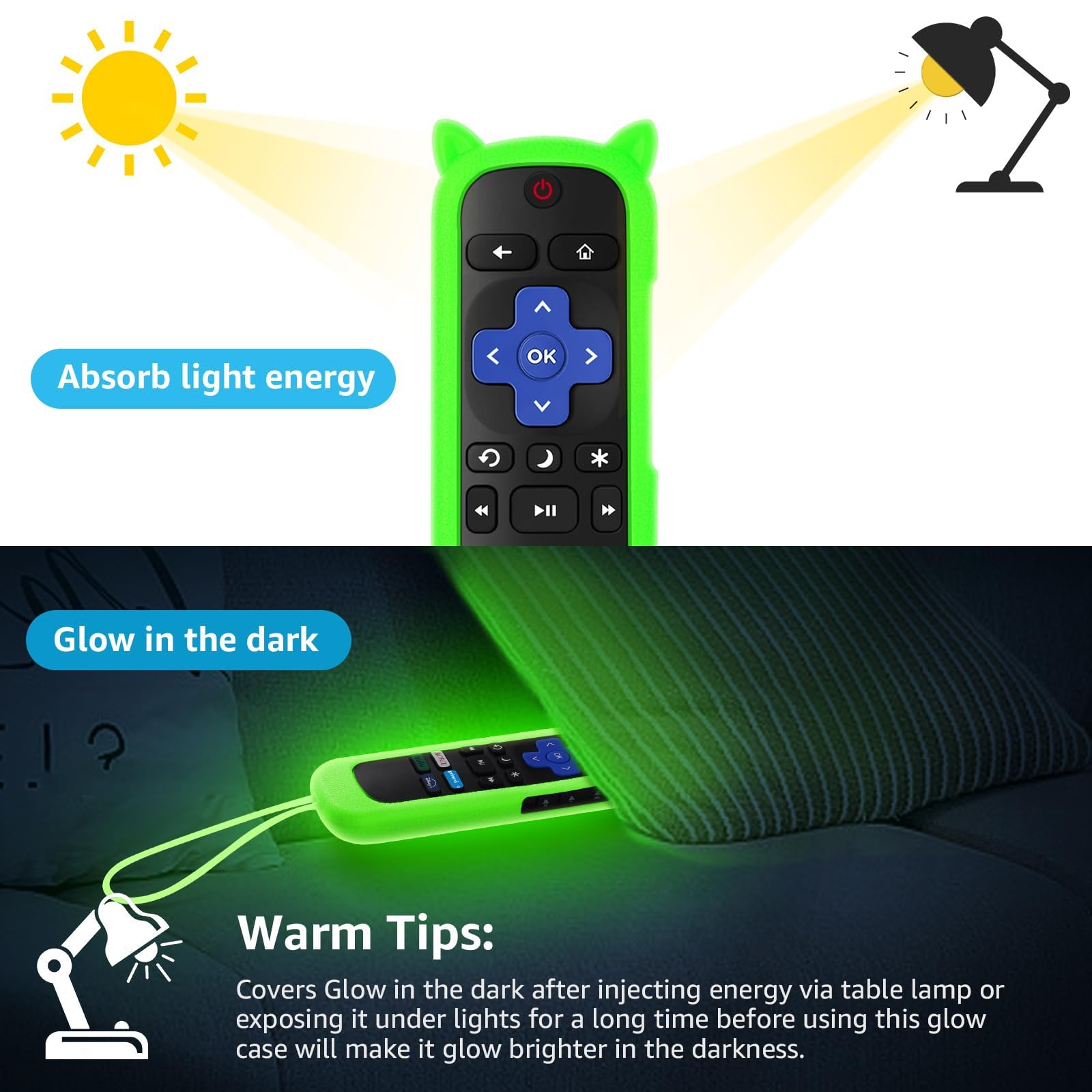 Mando a distancia de repuesto para Roku TV con funda protectora de silicona suave (todos pueden brillar en la oscuridad), control remoto universal compatible con TCL/Hisense/Sharp/Philips/Onn/Element