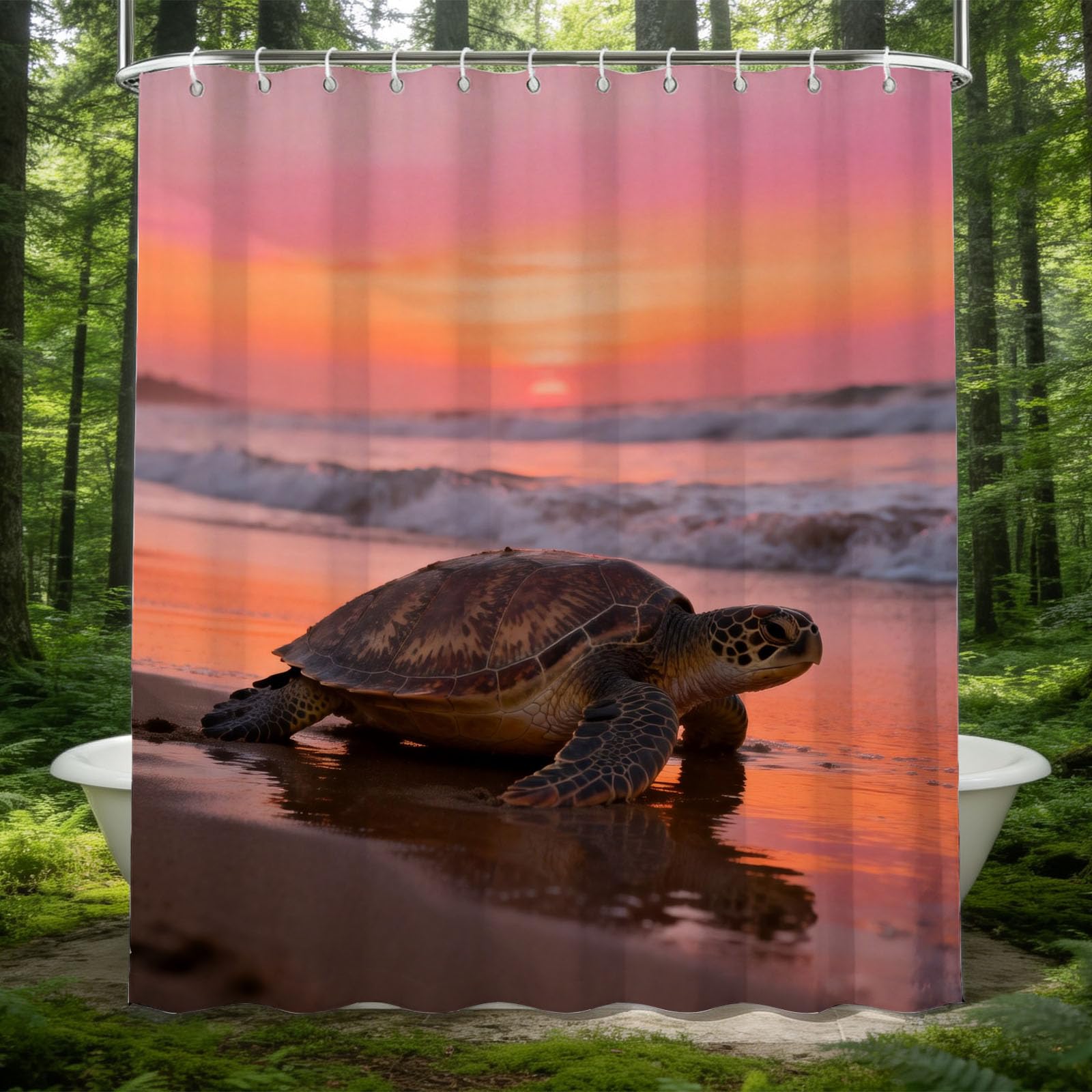 Hongduo 3D Sunset Turtle Shower Curtain for Stalls Bathtubs Sandy Beach Bathroom Decor Shower Curtain Set Polyester Fabric Waterproof 180x180cm/71X71 Inch with Hooks