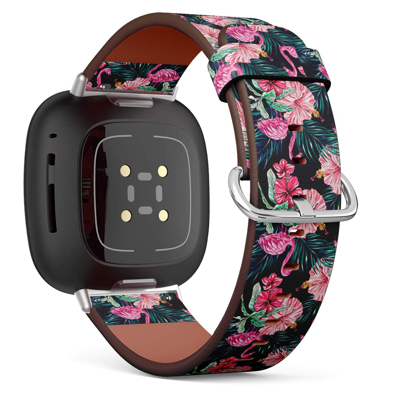Q-BeansReplacement Leather Watch Band, Compatible with Fitbit Versa 3/4 and Fitbit Sense/Sense 2 - Pink Flamingos Tropical Flowers Palm