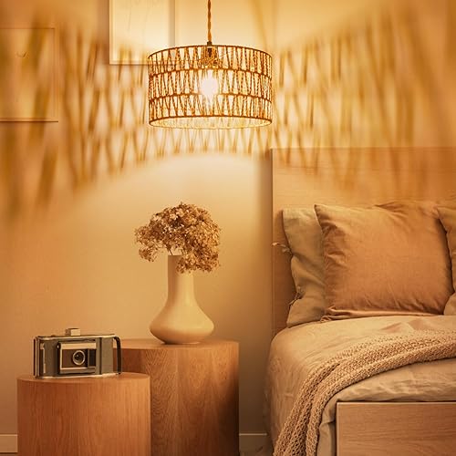 Miniatura 4 de Luces colgantes colgantes con cable enchufable, luces colgantes con pantalla de lámpara de ratán, cuerda de cáñamo de 16.4 pies, accesorio de