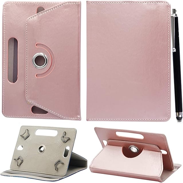 Universal 10 Inch Tablet Case - Premium PU Leather 360 Degree Rotating Stand Folio Wallet Case Cover + Free Stylus (Rose Gold)