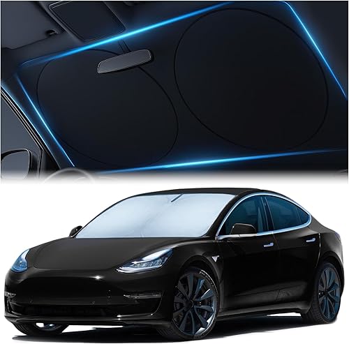 Magnelex Parasol para parabrisas Tesla (modelo 3/Y), poliéster reflectante que bloquea el calor y el sol, bloqueador solar plegable para ventana de