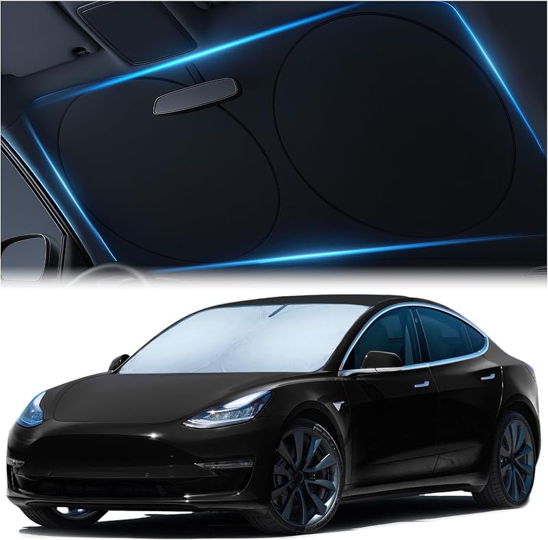 Magnelex Tesla Windshield Sun Shade (Model 3/Y), Reflective Polyester Blocks Heat & Sun, Foldable Car Window Sun Blocker, Mirror Cut-Out, Fade-Resistant Sunshade, Tesla 3 Accessories