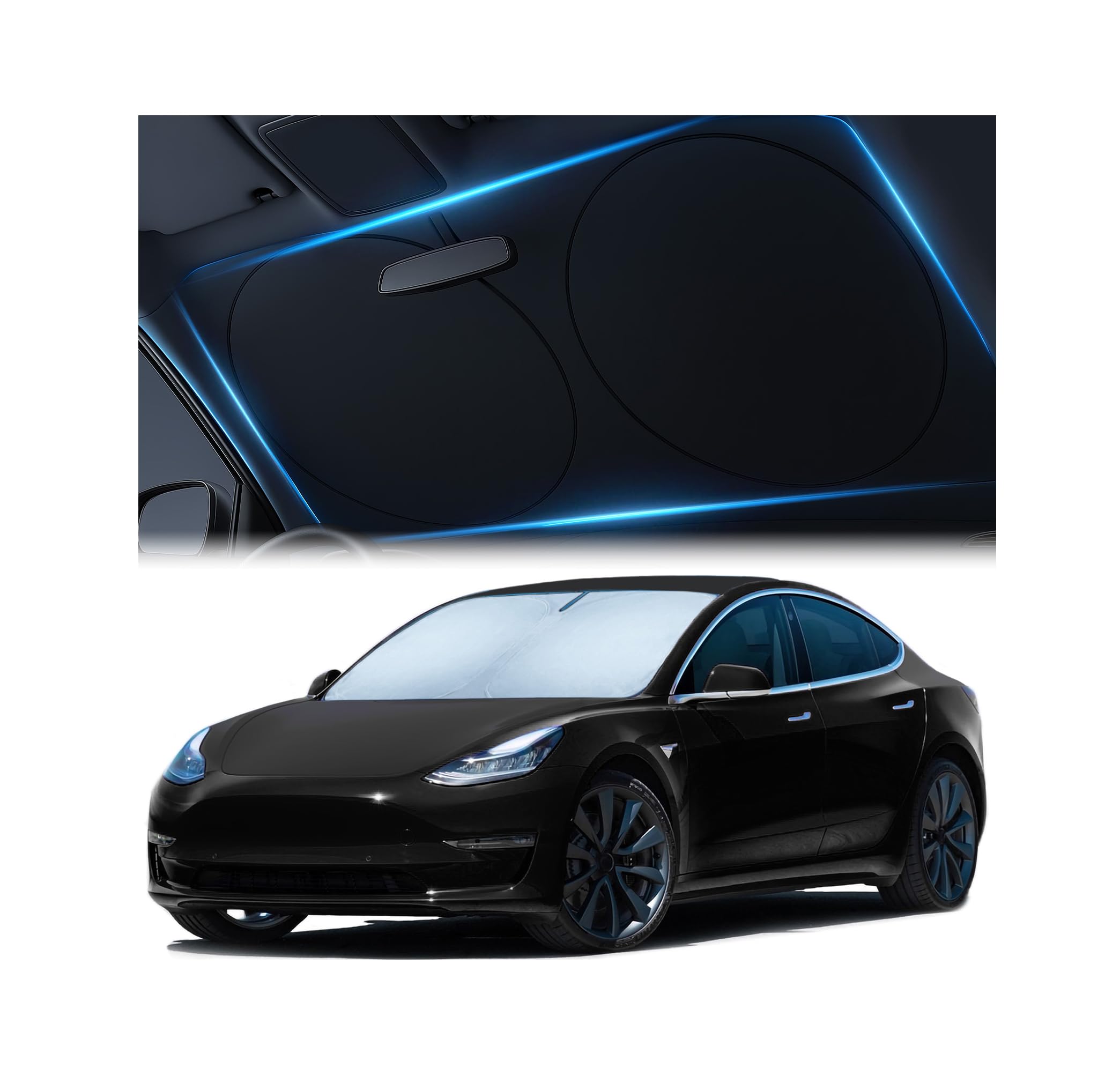 Magnelex Tesla Windshield Sun Shade (Model 3/Y), Reflective Polyester Blocks Heat & Sun, Foldable Car Window Sun Blocker, Mirror Cut-Out, Fade-Resistant Sunshade, Tesla 3 Accessories