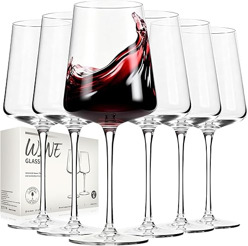 GENICOOK Juego de 6 copas de vino, cristalería transparente soplada a mano sin plomo, juego de copas de vino tinto de 18 onzas, tallo largo perfecto