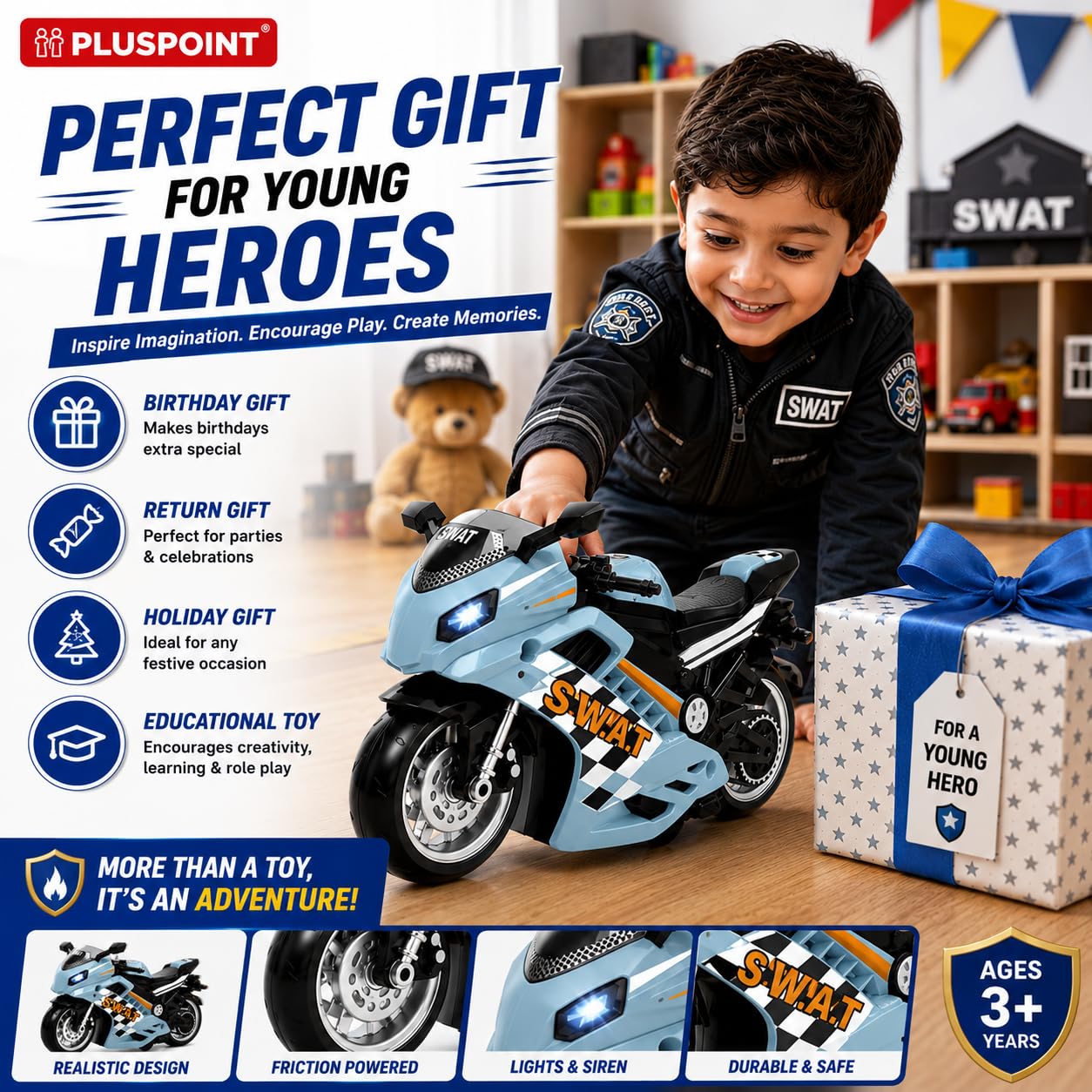 PLUSPOINT Police SWAT Rescue Motorcycle Toy | Friction Powered SWAT Bike with Lights, Music & Push and Go Action | Emergency Police Vehicle Toy for Kids Boys & Girls Age 3+ 3