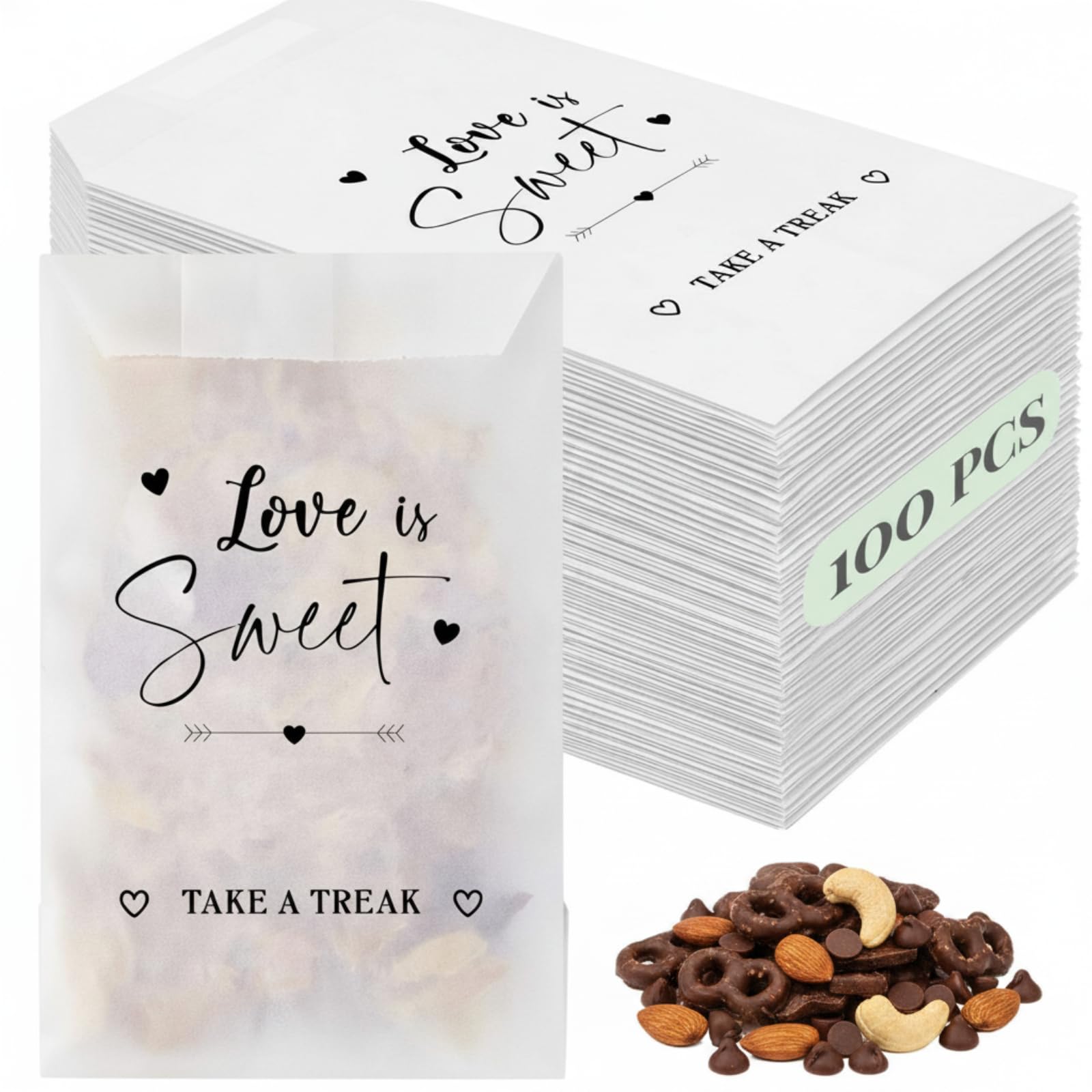 View 1 of 100 Pcs Wedding Confetti Bags, Love Is Sweet Themed Treat Paper Bags