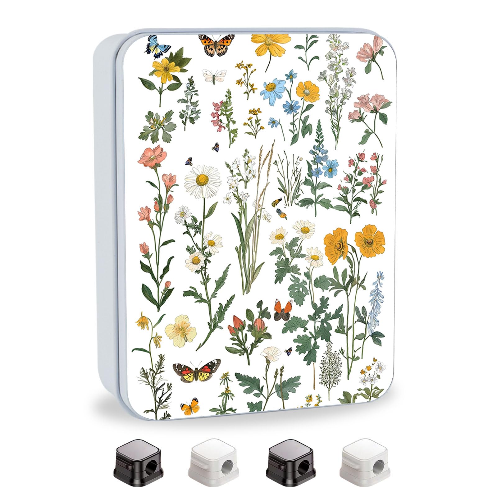 Metal Tin Box with Lid for Game Cards Home Organizer Candles Keys Crafts Storage - Equipped with 4 Magnetic Cord Clips，Flowers and Butterflies
