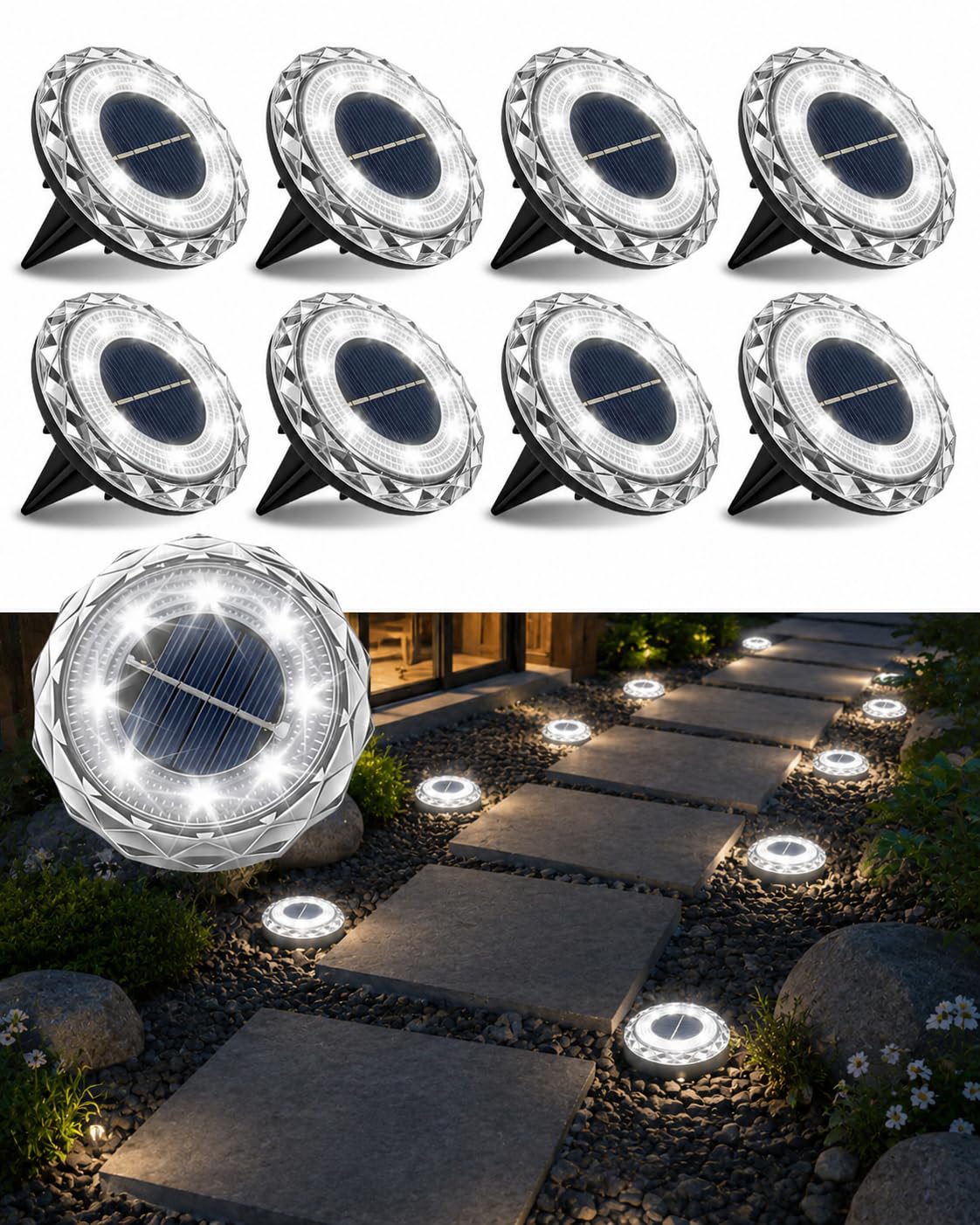 Torlaist 8 Pack Solar Ground Lights Outdoor, 8 LED Solar Disk Spike Lights IP68 Waterproof, Auto On/Off for Garden, Lawn, Pathway, Patio, Walkway – Bright White