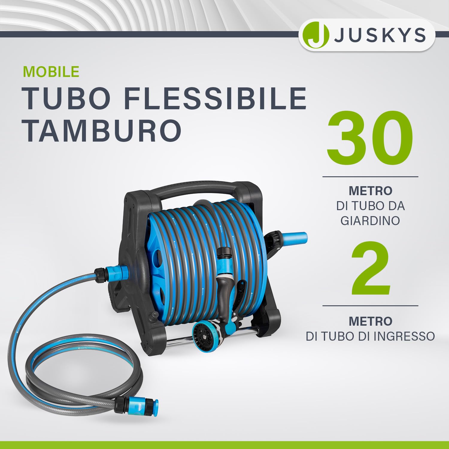 Carrello per tubo Juskys con tubo da 30 m e doccetta multifunzione - Avvolgitubo mobile con supporto da parete, ugello — Blu Grigio scuro