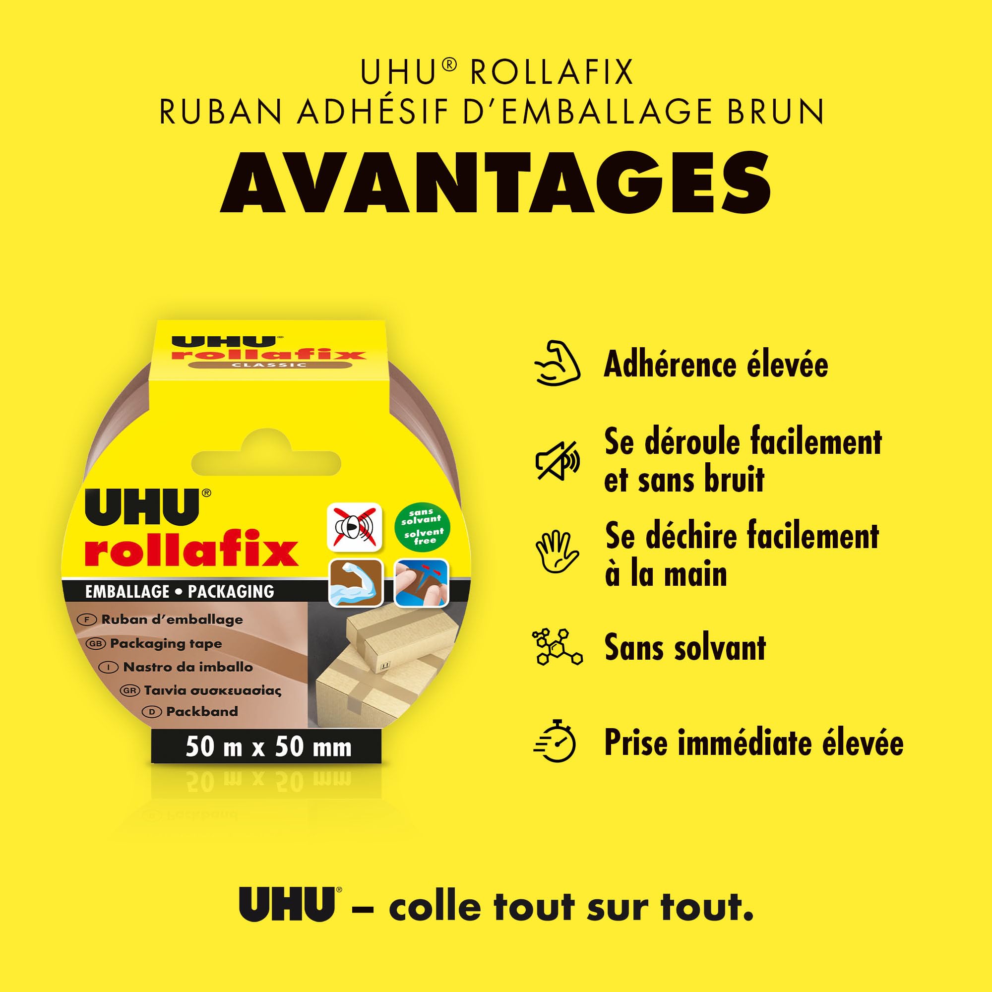 Visiter la boutique UHU UHU Rollafix - Ruban Adhésif Marron - Emballage, Packaging - Adhérence Elevée - Sans Solvants - Se Déchire à la Main - Lot de 3 Rubans de 50 m x 50 mm in use