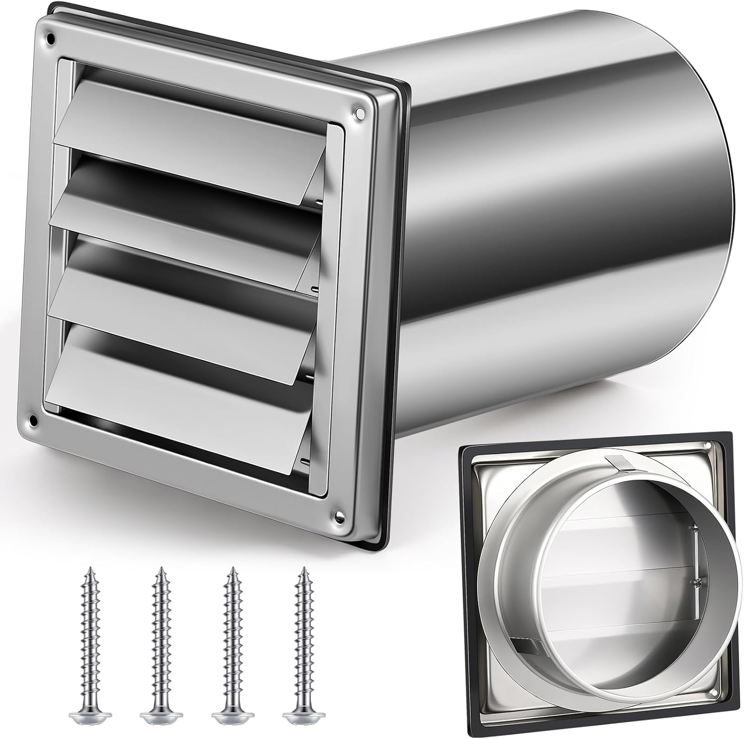 Shimeyao 4" Wall Vent Cover Stainless Steel Outside Dryer Vent Covers for House Exhaust Duct Kit with Removable Extension Pipe 8 Inch and 4 Screw for House Outdoor Extended Air Pipe, Silver