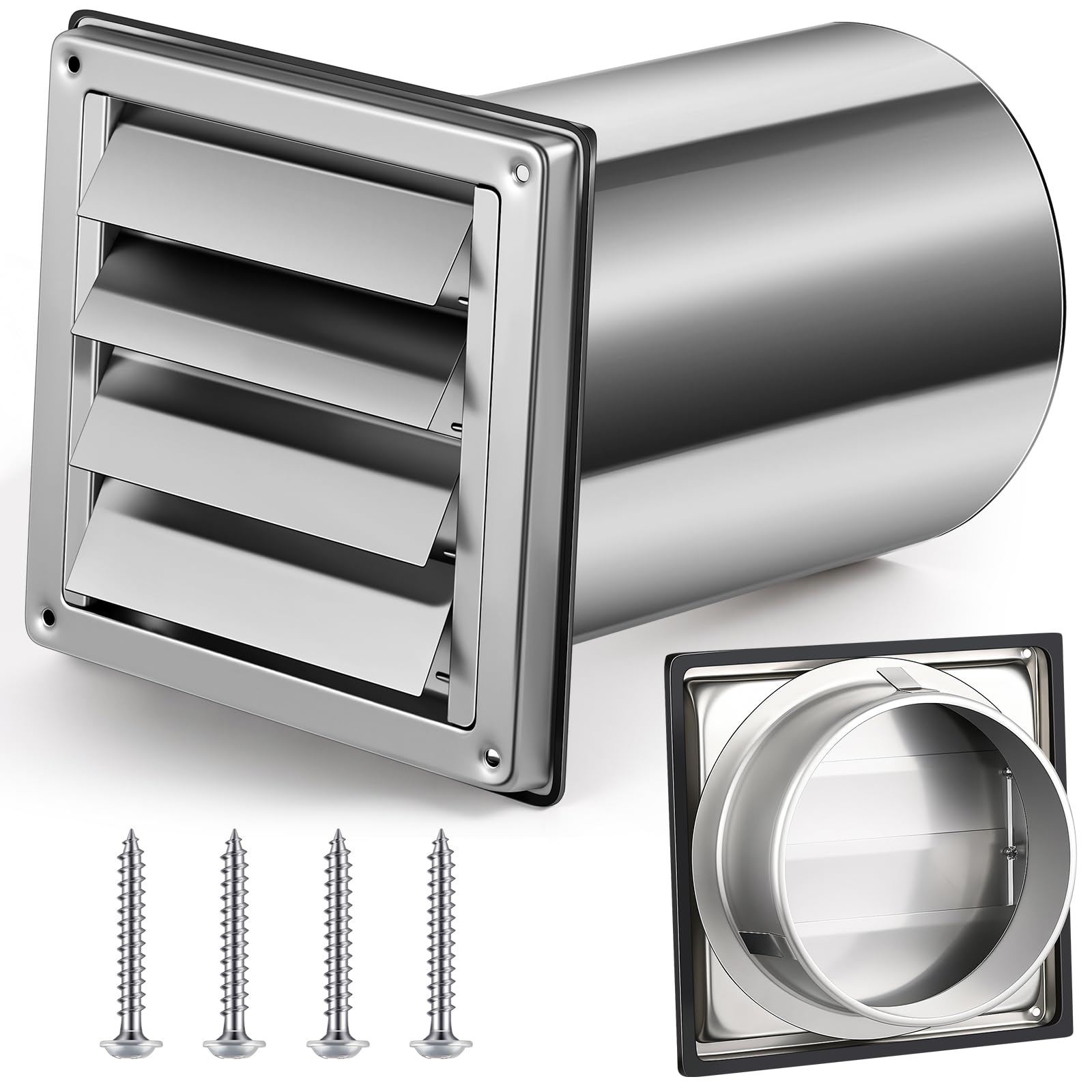 Shimeyao 6 Inch Wall Vent Cover with 8" Extended Air Pipe Stainless Steel Dryer Exhaust Vent Cover with Louvre and 4 Screws Wall Mount Exterior for AC Range Hood Kitchen HVAC Air Exhaust, Silver