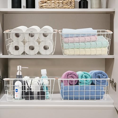 Miniatura 3 de Cesta de alambre de 2 unidades, cestas de almacenamiento de alambre organizadoras con asas de madera, cesta de alambre para organización y