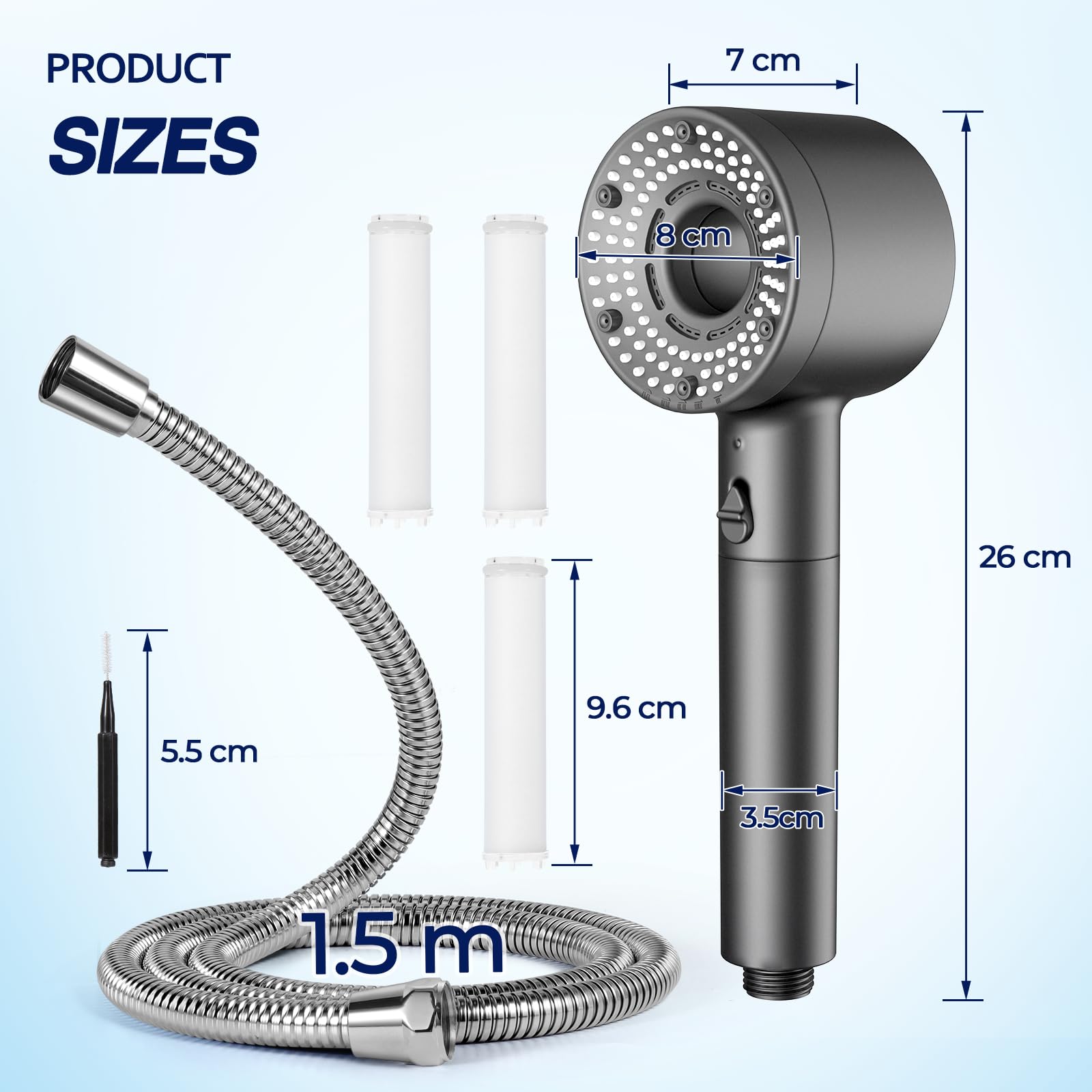 Blendura Soffione Doccia, Doccino per Doccia Alta Pressione Risparmio Idricocon con1.5m Tubo Doccia, Doccetta per Doccia con 5 Modi Funzione con 3 Filtro, Grigio