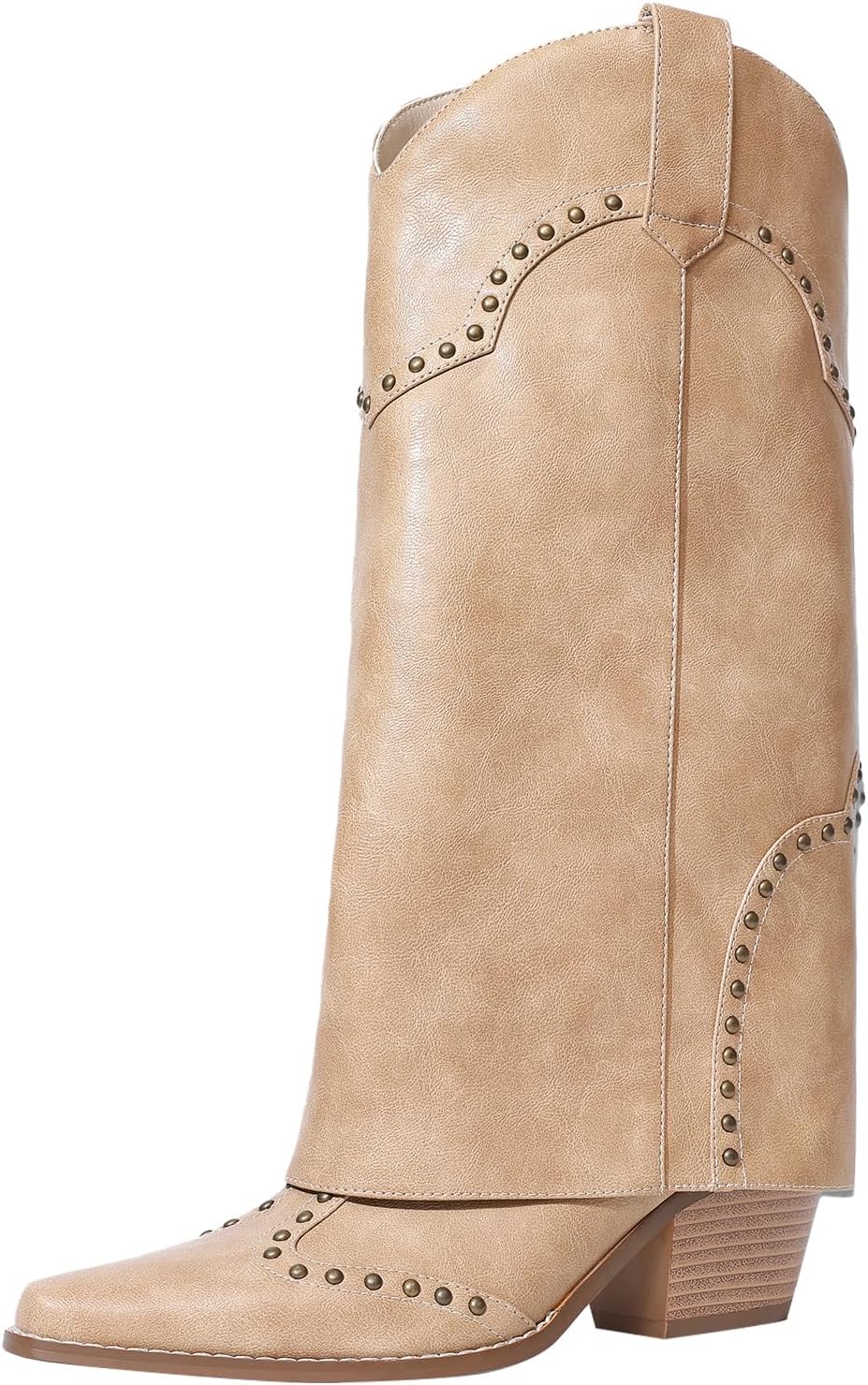 Women Shark Boots Fold Over Mid Calf Chunky Heel Snip Toe Cowboy Cowgirl Pull On Studded Boots for Women