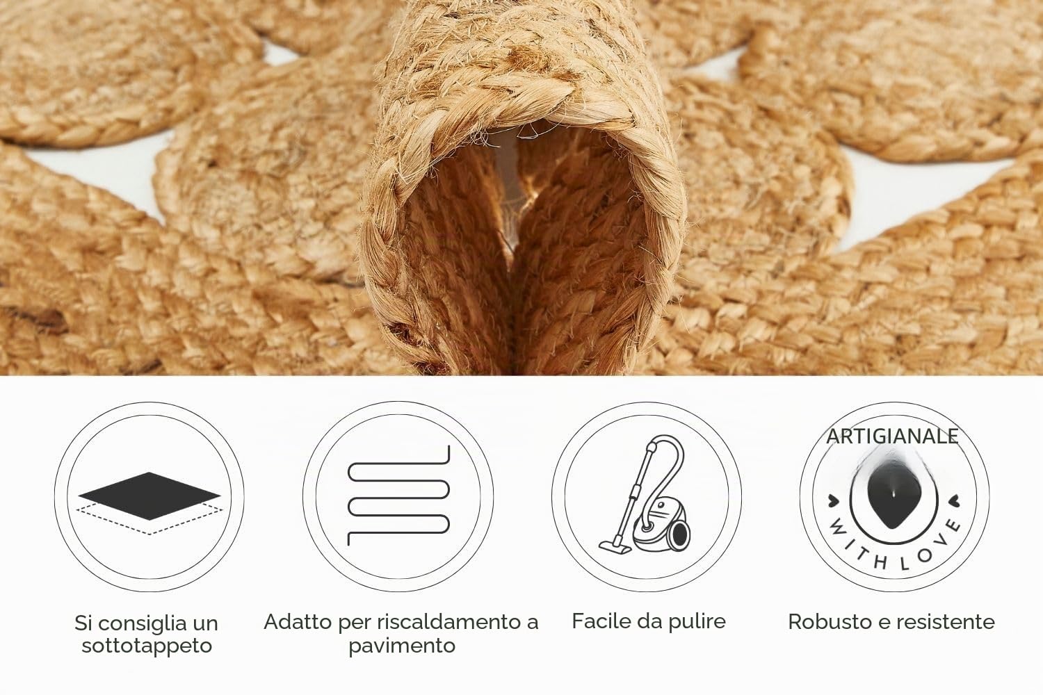 -LUXOR- living Tappeto Balo in 95% iuta e 5% cotone, colore: naturale, dimensioni: Ø 80 cm