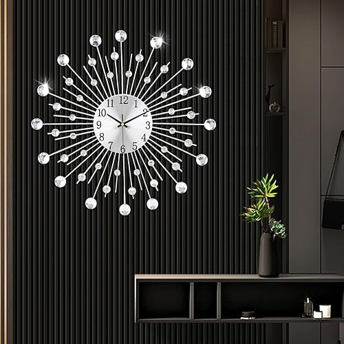 Miniatura 6 de Reloj de pared grande para decoración de sala de estar, sin tictac, silencioso, de metal, reloj de cuarzo, esfera moderna, con diamantes grandes,