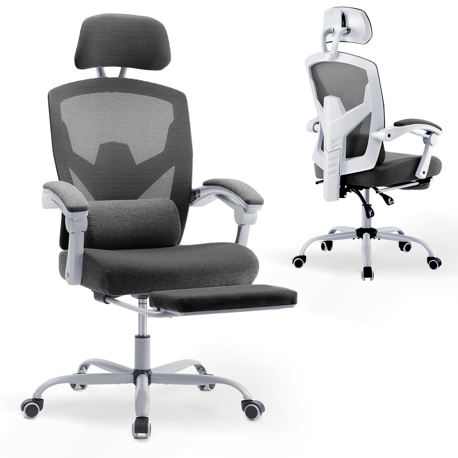 DUMOS Silla de Oficina Ergonómica: Adecuada para el hogar y la oficina, con Soporte Lumbar y Reposapiés, Gris