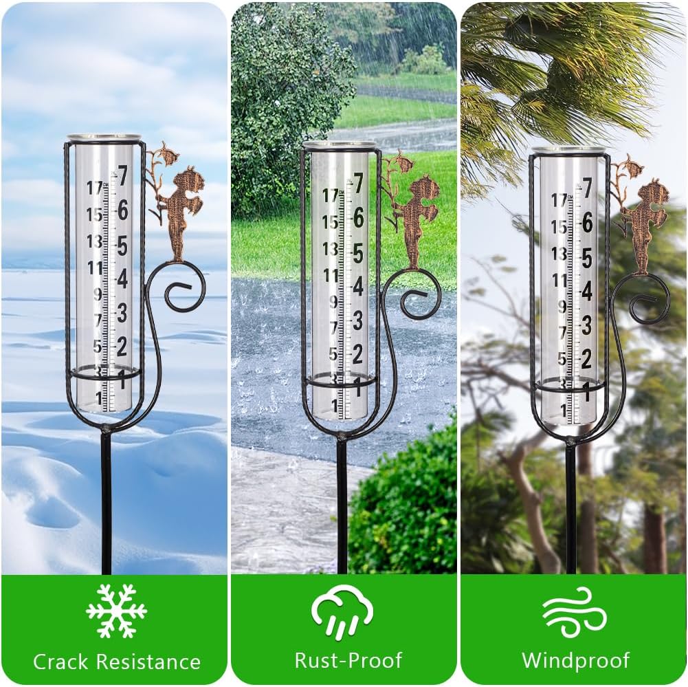 Rain Gauge Outdoor,Elf Rain Gauges for Yard with 7" Capacity Glass Tube,Copper Decorative Water Gauge for Rain with Stakes Outdoor Decorations for Garden