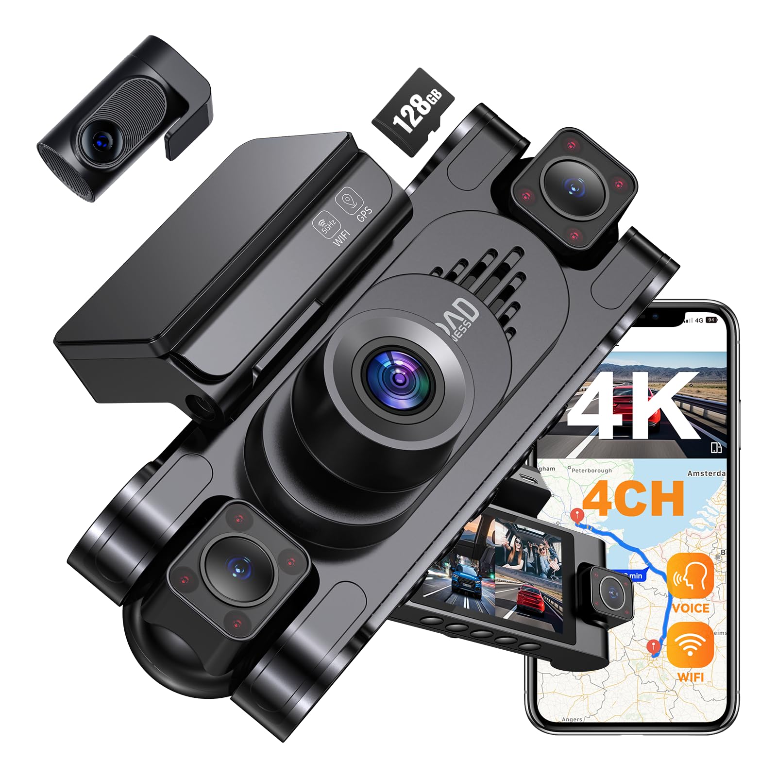 4K 360° DashCam for Cars,4 Channel Car Dash Cam Front and Rear Inside with 128GB Card Included,Voice Control,5.8G WiFi GPS,IR Night Vision, G Sensor, 24/7 Parking Mode &Loop Recording Dash Camera