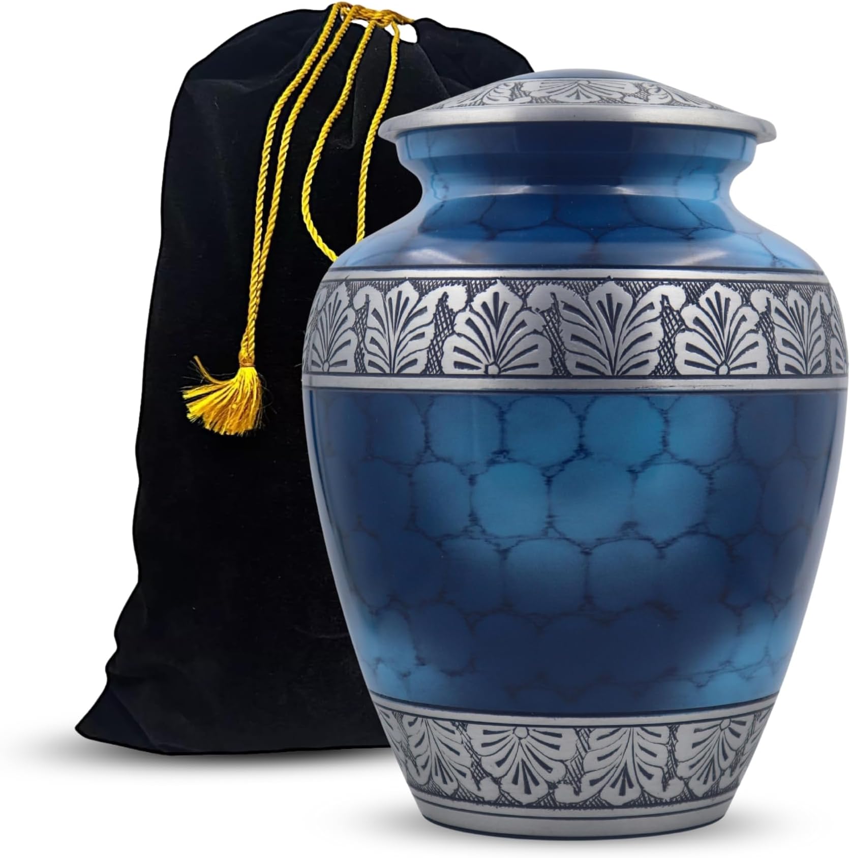 Silver Engraved Adult Cremation Urn for Human Ashes - Handcrafted Funeral Memorial Large Burial Urn (7.5" x 7.5" x 9.5"- 200lbs or 91kg, Cloud Blue) - Bag Included