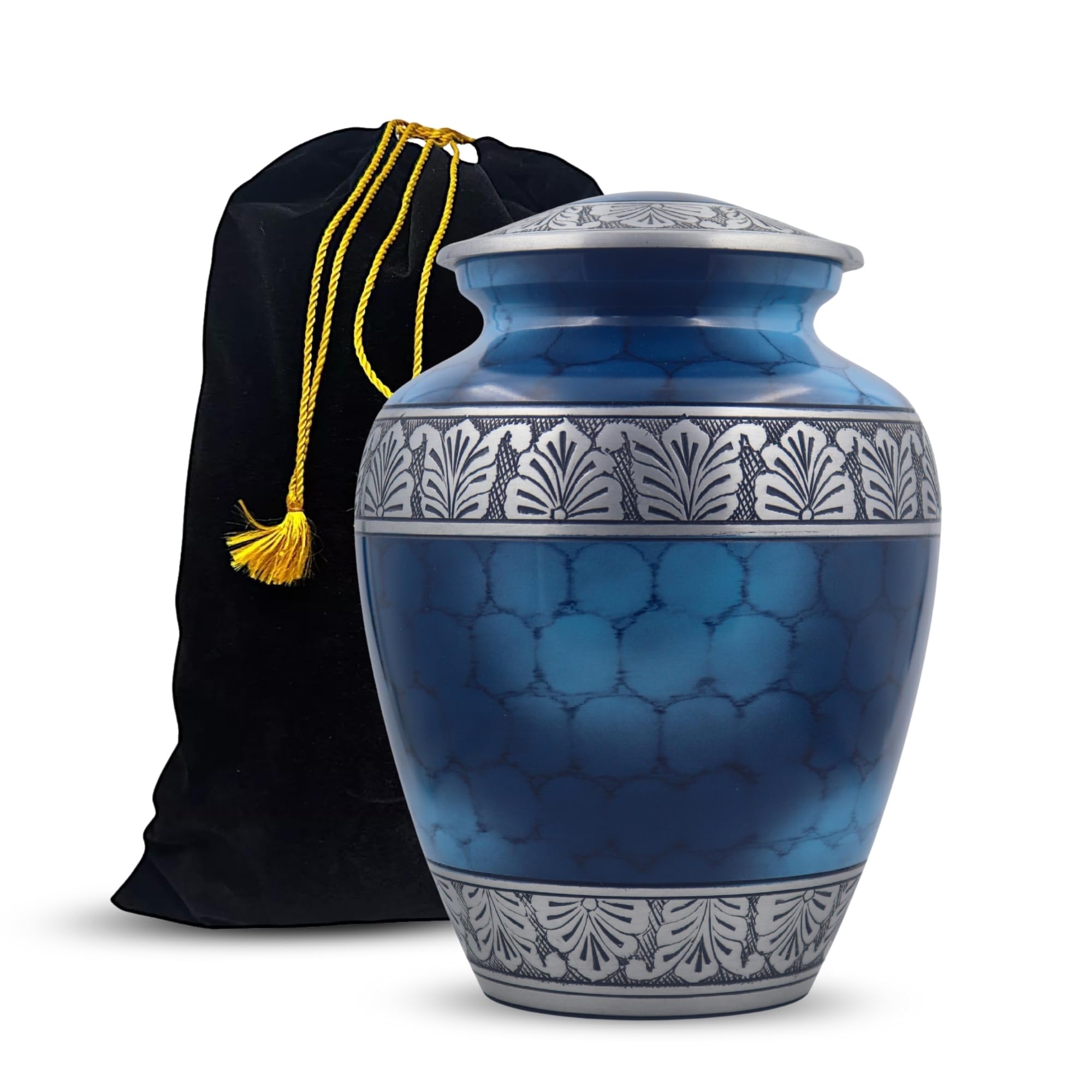 Silver Engraved Adult Cremation Urn for Human Ashes - Handcrafted Funeral Memorial Large Burial Urn (7.5" x 7.5" x 9.5"- 200lbs or 91kg, Cloud Blue) - Bag Included