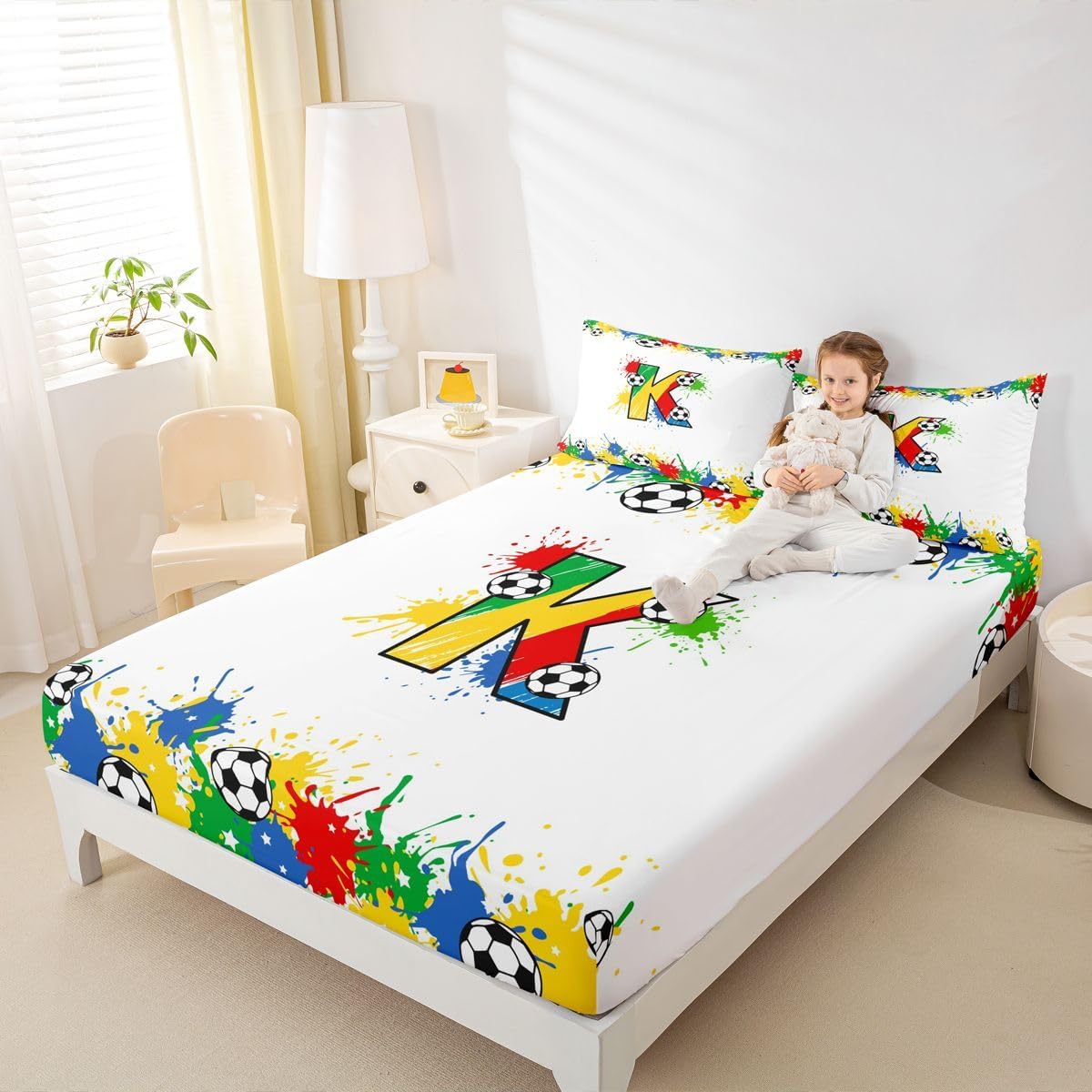 Erosebridal Personalized Initial K Bed Sheets Full Ball Game Chic Monogrammed Fitted Sheet Football Sports Lover Funny Room Decor Bedding Set,Hippie Tie Dye Alphabet Letter Bed Cover 3 Pcs