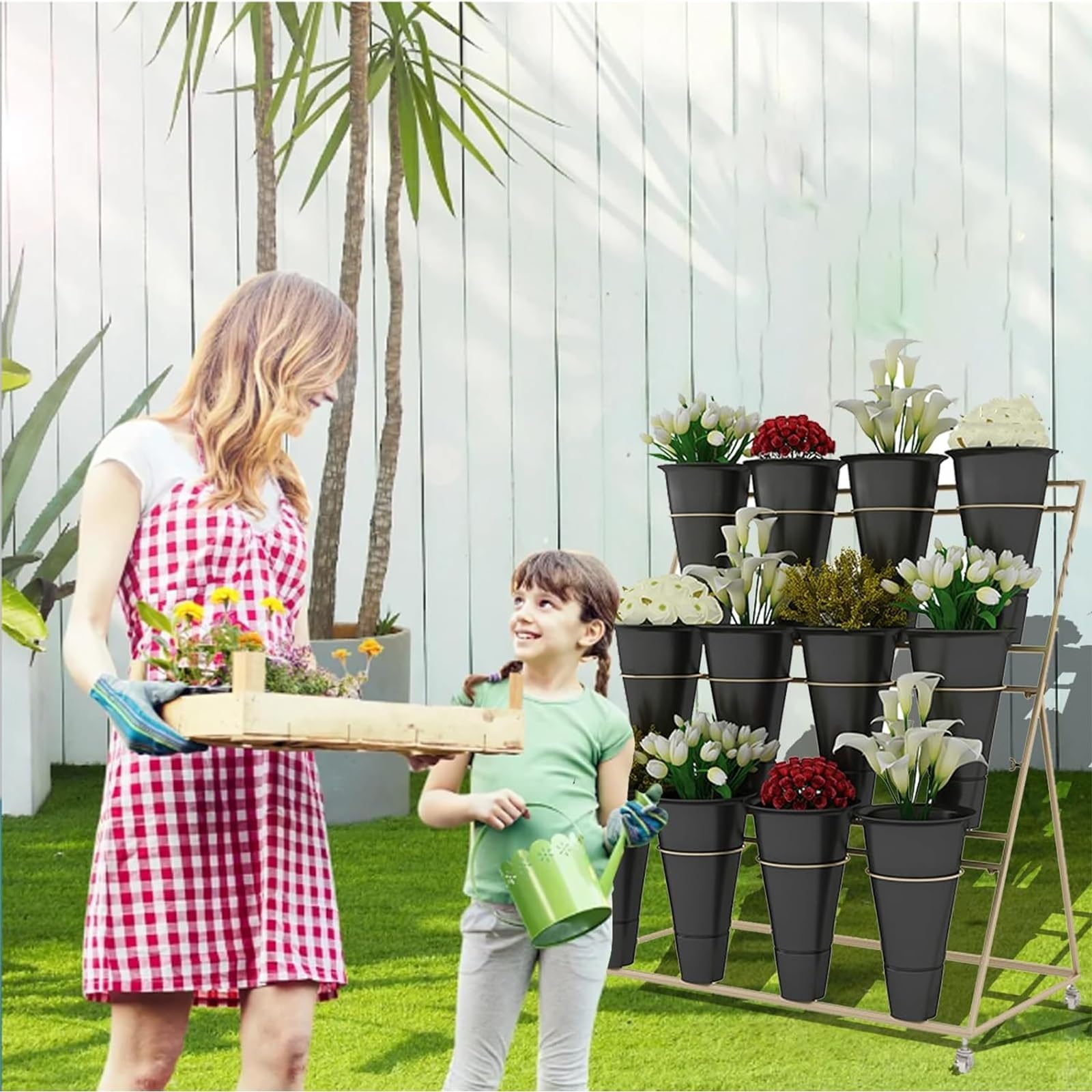 Présentoir à Fleurs 3 étages Avec Roues - 12 Seaux, Fer Forgé, Pour Jardin Ou événement