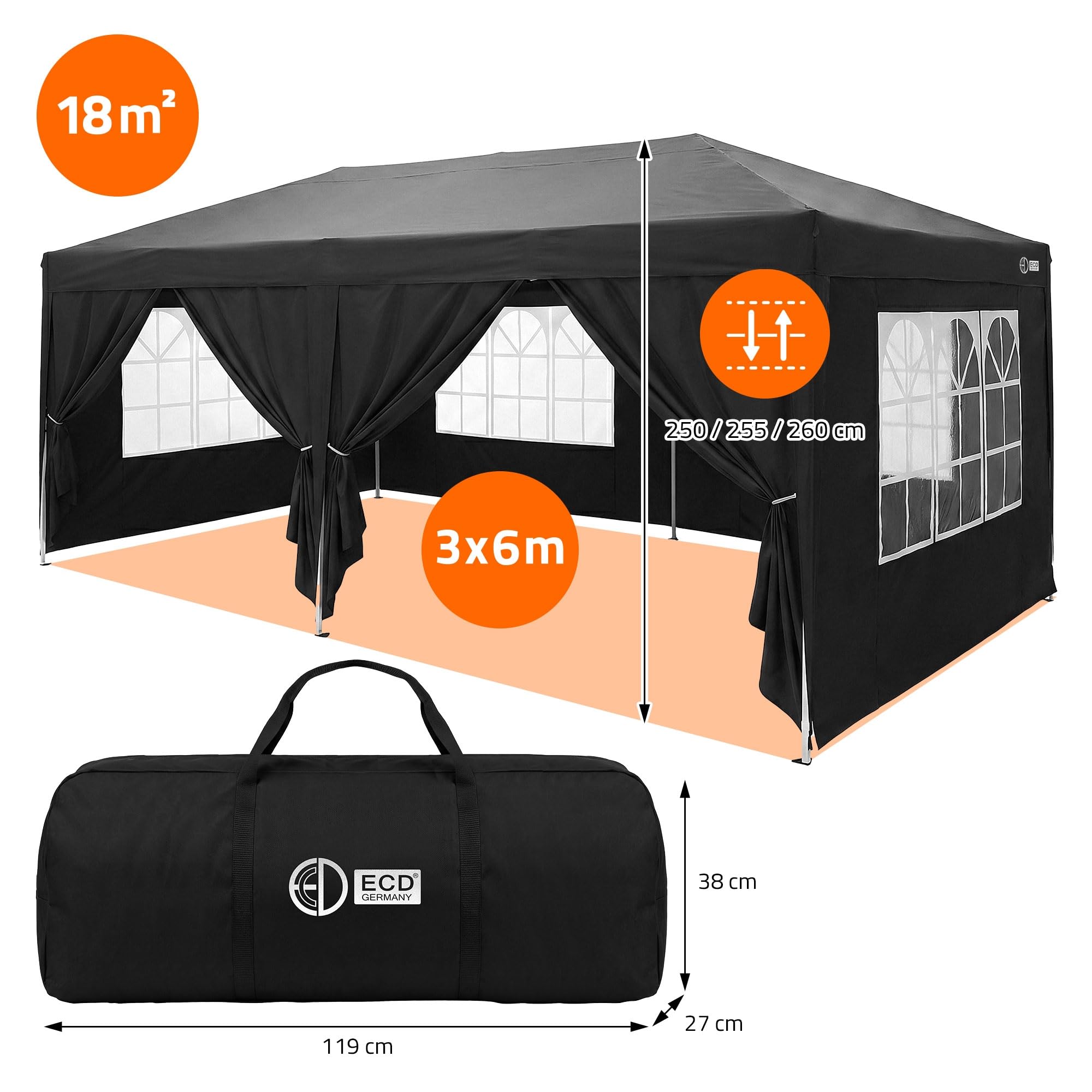 ECD Germany Carpa Plegable 3x6 m para Exteriores, Impermeable y Resistente al Viento, Pergola de Jardín, Cenador con 6 Paredes Laterales, Gazebo Negro Altura Regulable, para Fiestas, Camping, Eventos