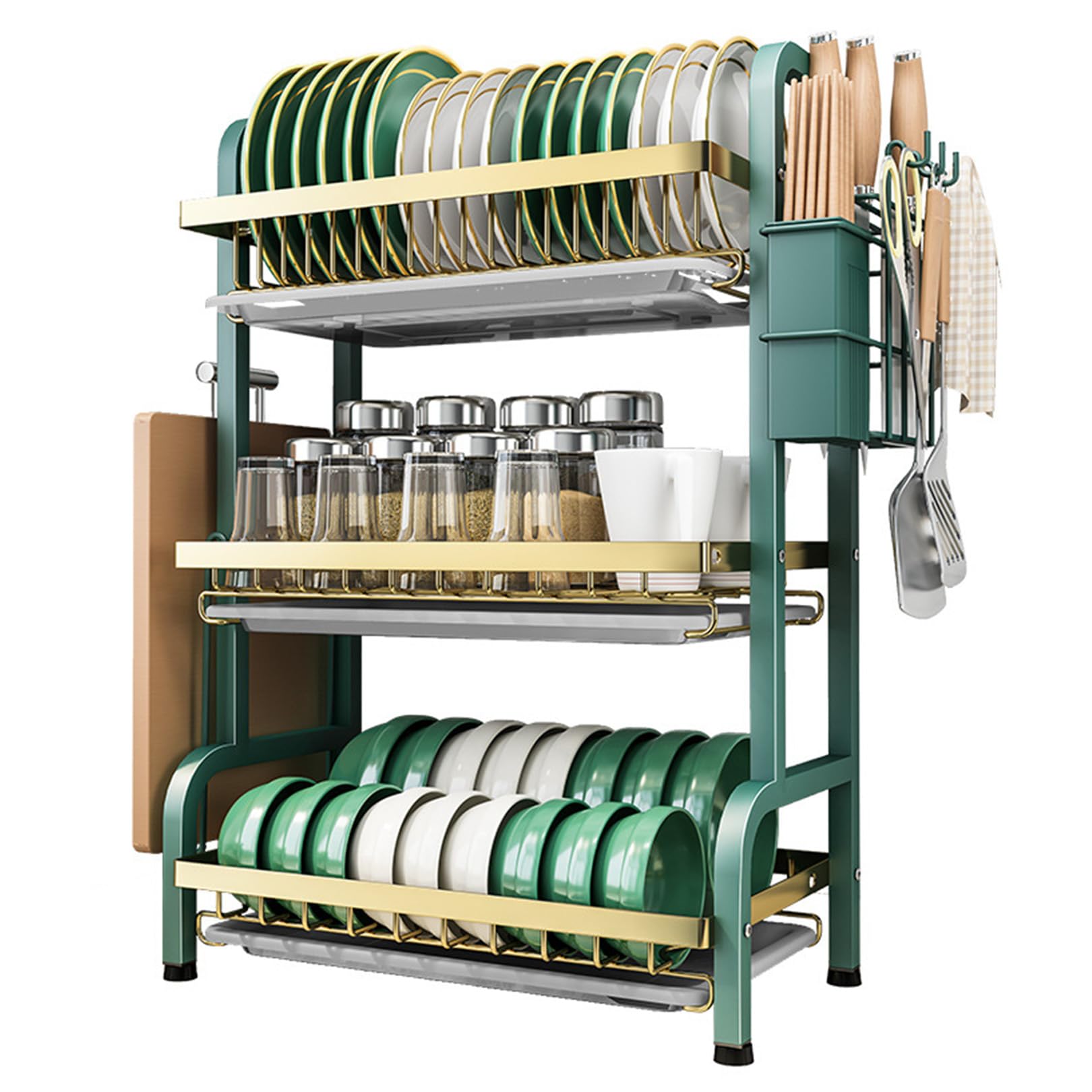 FLYIODFCXV drain rack, 3 with Drip Tray, Stainless Steel Dish Rack with Utensils Holder(56cm)