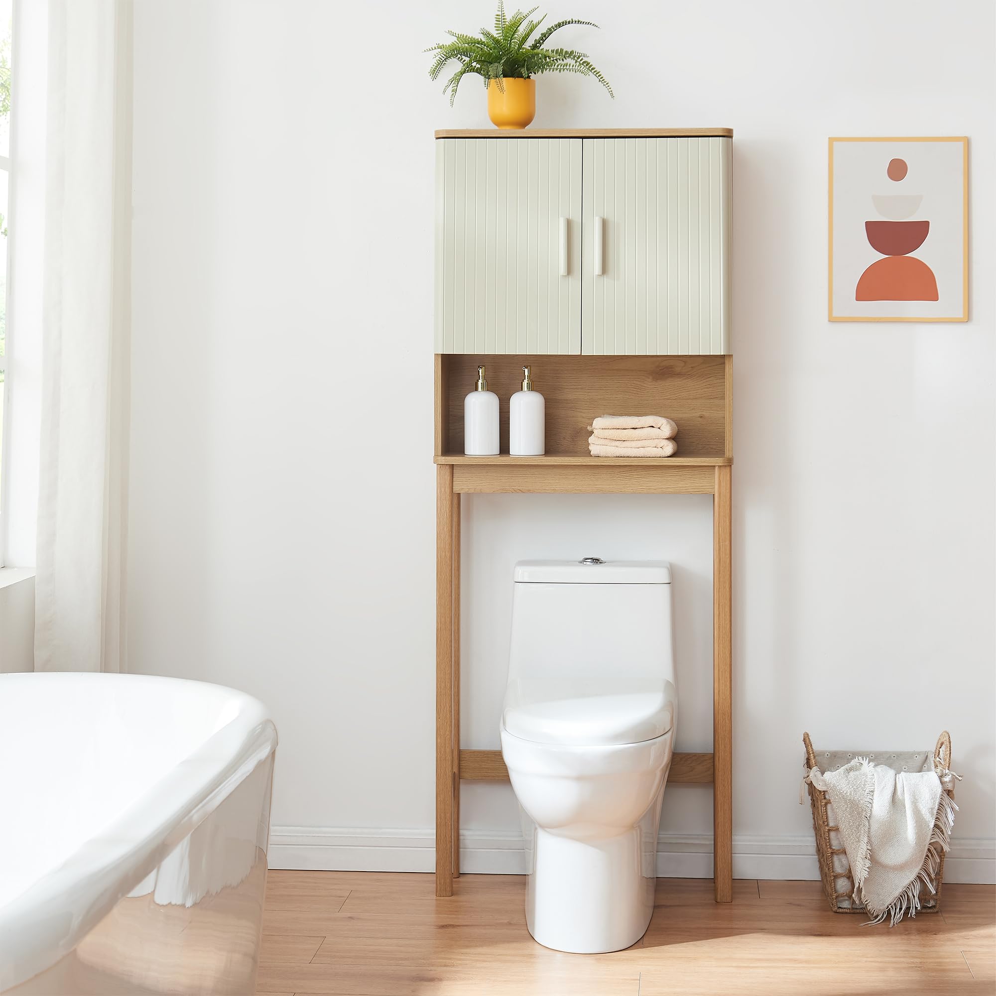 [en.casa] Armadietto sopra Gabinetto Sovrastruttura WC Mobile Bagno sopra WC con Ante e Scomparto Aperto 160x63x20 cm Effetto Rovere/Legno di Pino/Color Avena