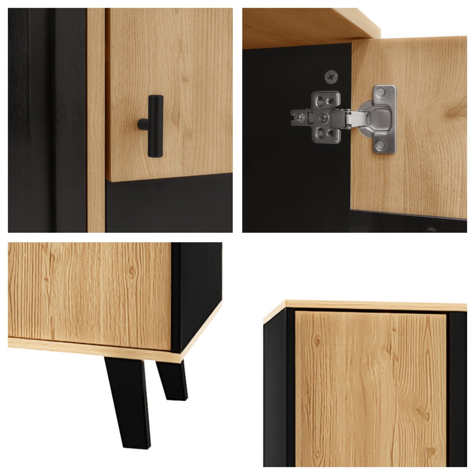 KOMHTOM Buffet noir et bois avec 4 grandes étagères, vitrine avec verre et lumières LED, armoire multifonction pour salon, chambre, couloir et salle à manger (A)