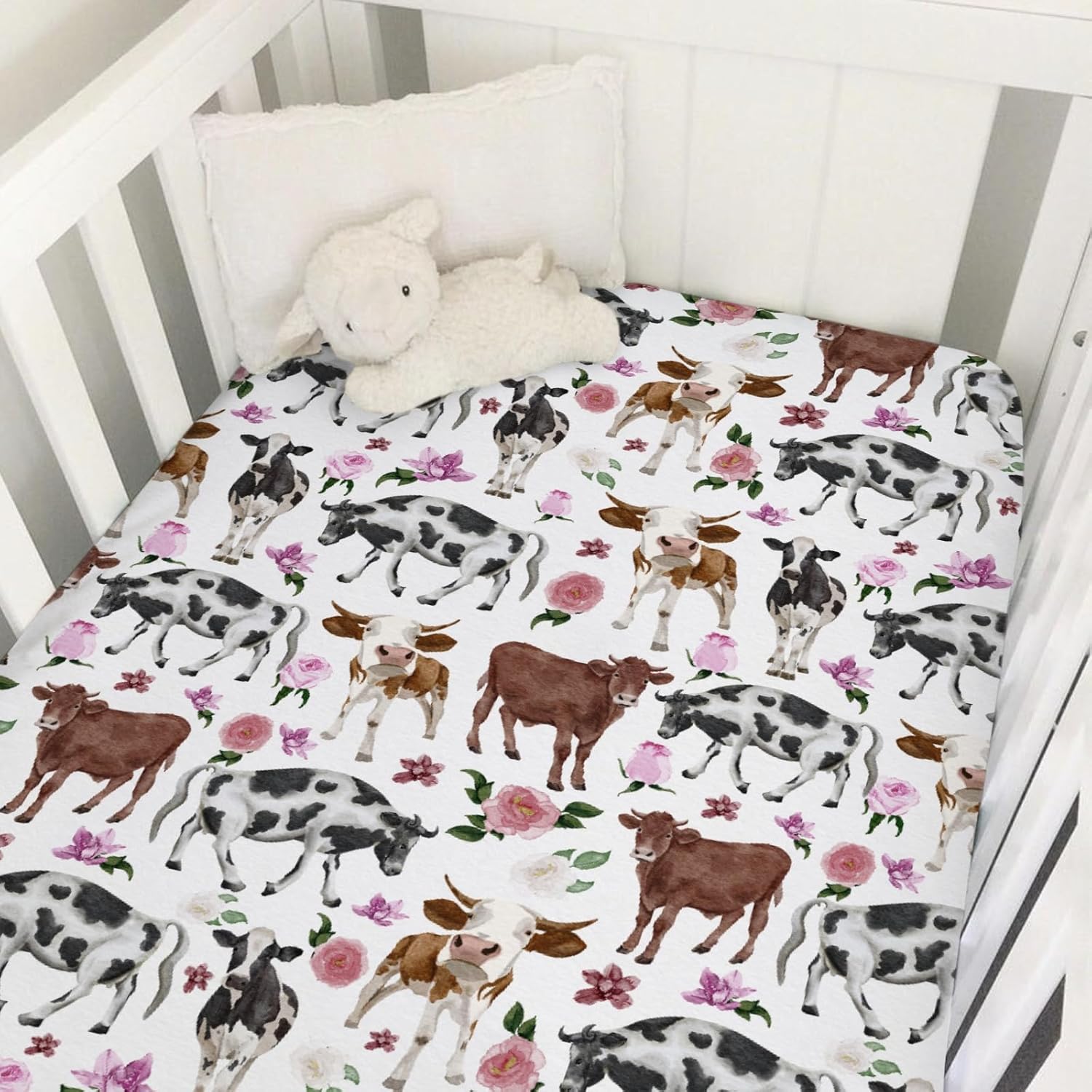 Watercolor Cows Boho Floral Baby Crib Sheets 52''x28'' Farm Cows Cattle Yak Fitted Crib Mattress Cover Sheets for Boy Girl Nursery Toddler Bed Sheets for Standard Crib and Toddler Mattresses