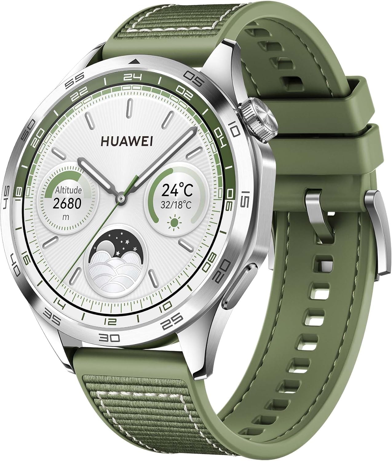 Watch GT 4 46 mm, GPS, iOS & Android, Stainless Steel Case, Smartwatch, Up to 2 Weeks Battery Life, Calorie Management, Professional Health Management, SpO2, Green Fluoroelastomer Strap