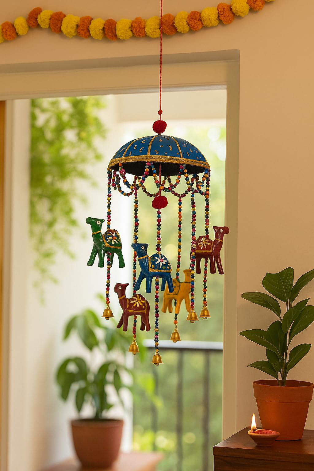 Handmade Rajasthani Camel Wind Chime | Beaded Bell Décor with Umbrella | 5 Colorful Camel Figurines | 15 Inch for Home & Balcony-picture-12