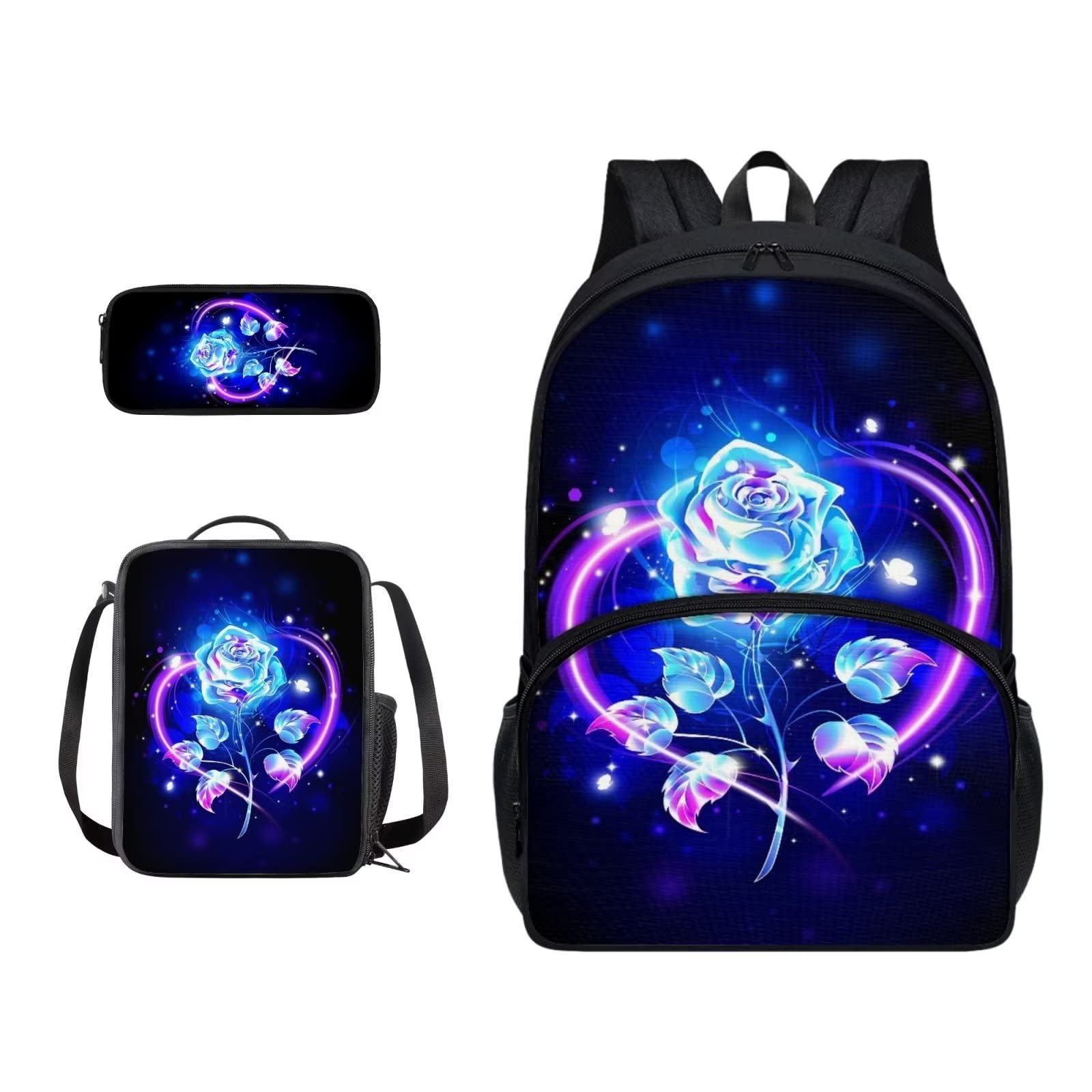 Poceacles Schultasche und Lunchbox-Set für Teenager, Jungen, Grundschule, Büchertasche, Federmäppchen für Grundschulkinder, Blaue Rose Blume, Einheitsgröße