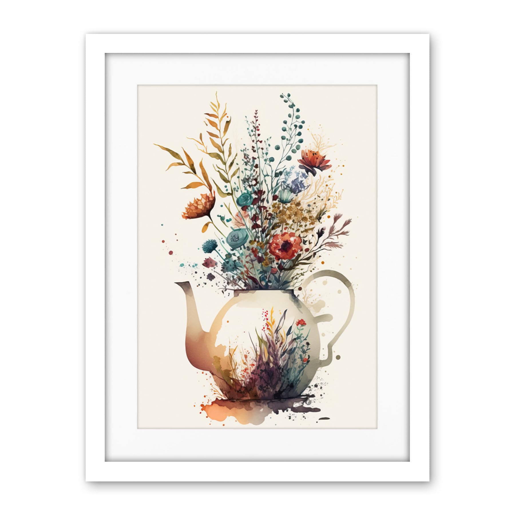 Artery8 Wildflower Bouquet Teapot Vase with Floral Design Artwork Framed Wall Art Print 18X24 Inch