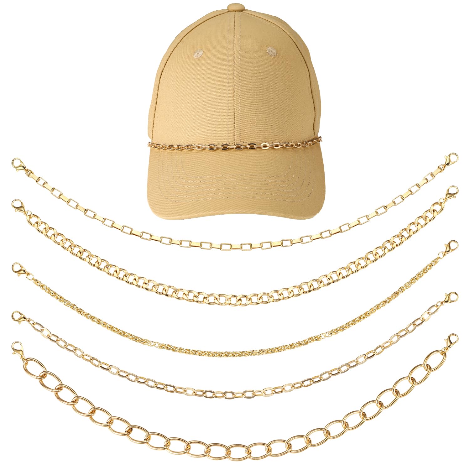 5pcs Trucker Hat Chains, Gold Hat Brim Chain Detachable Metal Baseball Cap Chains Hat Charms Trucker Hat Accessories Stylish Hat Chains for Women Men DIY Mesh Baseball Cap Netback Cap