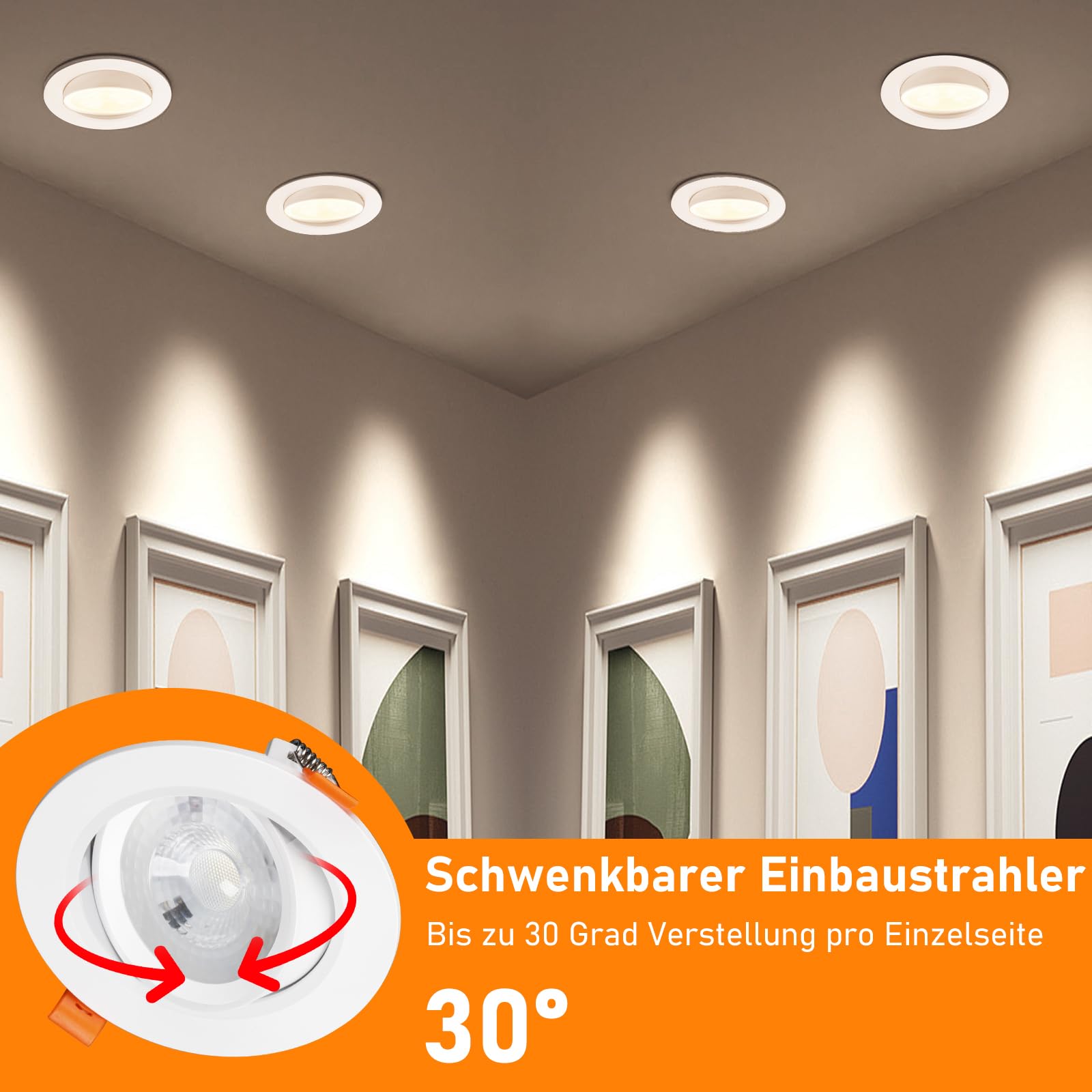 LED Einbaustrahler 230V 10W, 30°-60° Schwenkbar Flache LED Deckenspots, 4000K Neutralweiß, 960LM, IP44, Nicht Dimmbar, Einbauleuchten Weiß 90-100mm Spots Deckenleuchte, 12er Set
