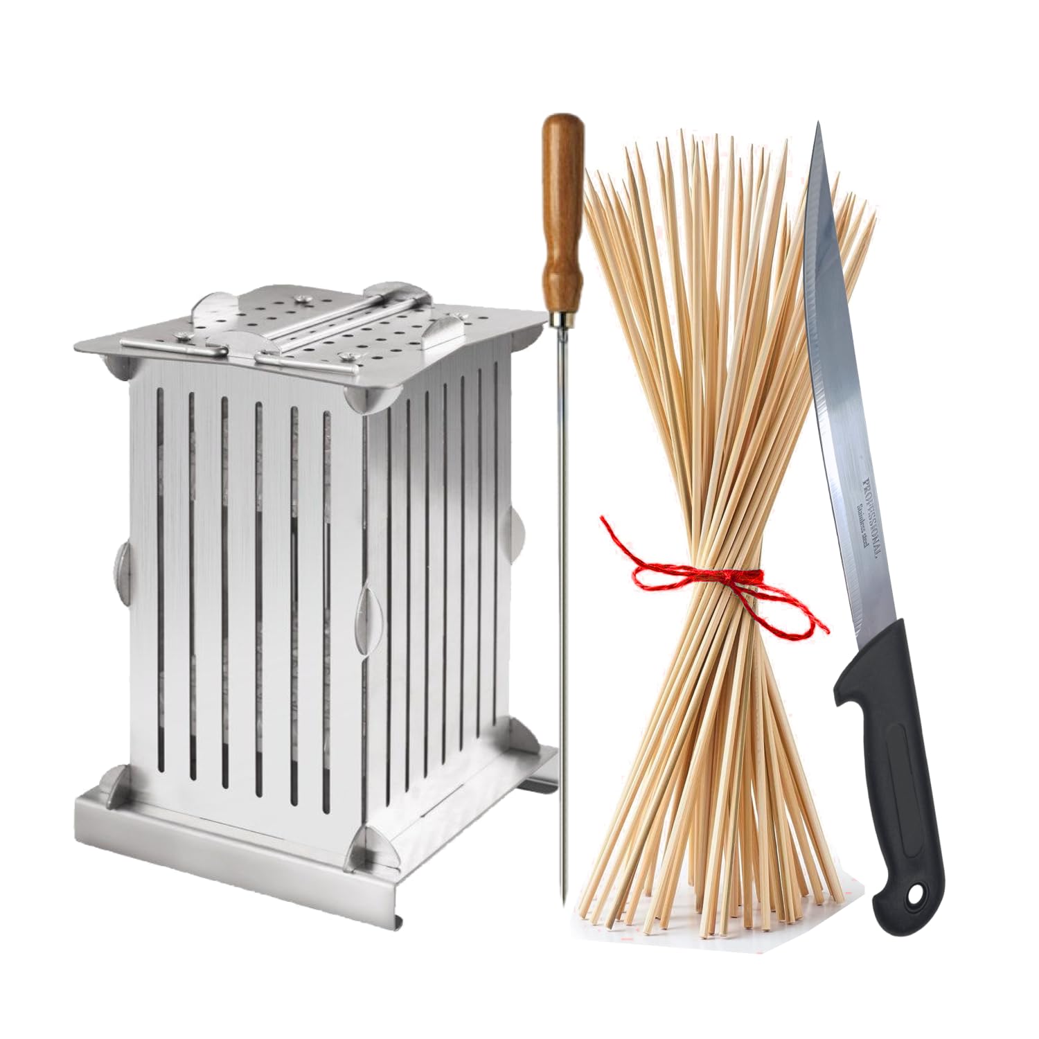 Kit Cubo Arrosticini Spiedini 56 Pezzi in Acciaio Inox – Completo con Coltello + 70 Stecconi – Macchina per Arrosticini, Kebab, Souvlaki – Smontabile e Facile da Pulire.