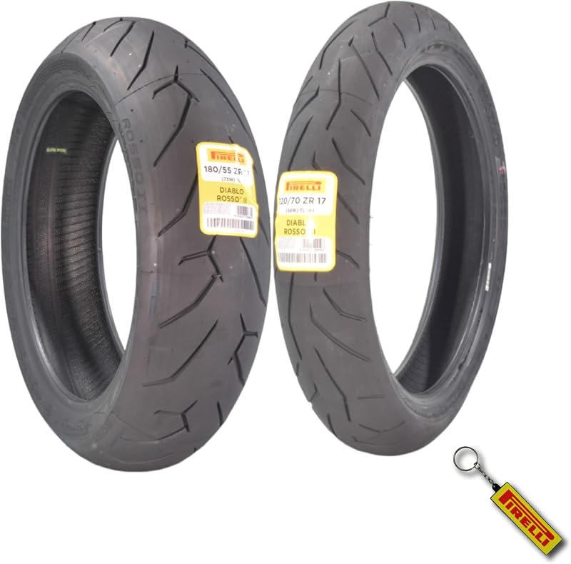 Juego de neumáticos Pirelli Diablo Rosso II 120/70 ZR17 y 180/55 ZR17 | Juego completo de neumáticos: 120/70 ZR 17 delantero, 180/55 ZR 17 trasero. Rendimiento deportivo para uso en carretera. Incluye llavero.