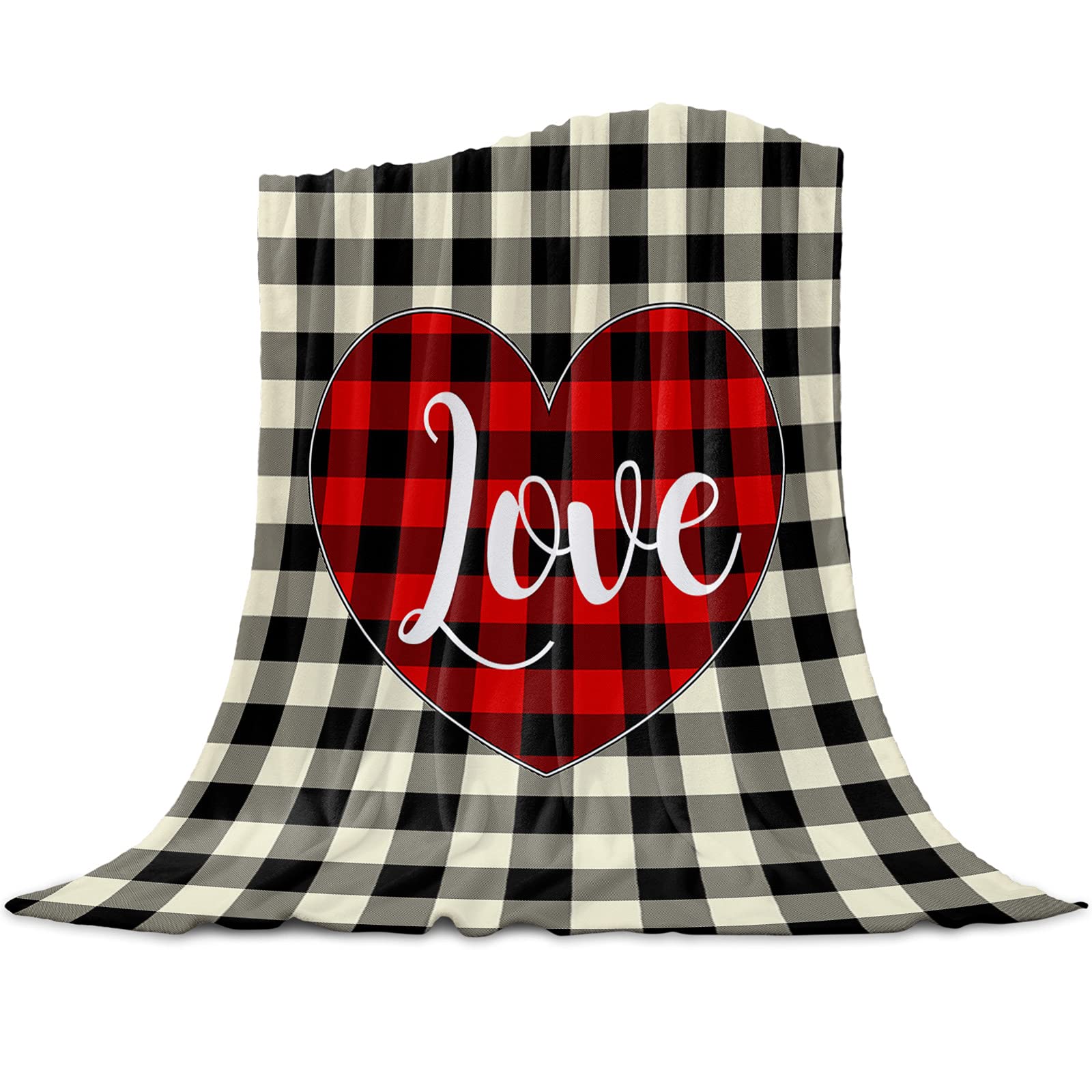 Valentines Throw Blanket Love Heart Valentines Day Blanket Throw Soft Warm Black Red Buffalo Check Flannel Blankets for Anniversary Birthdays Valentines Gift 40" x 50"