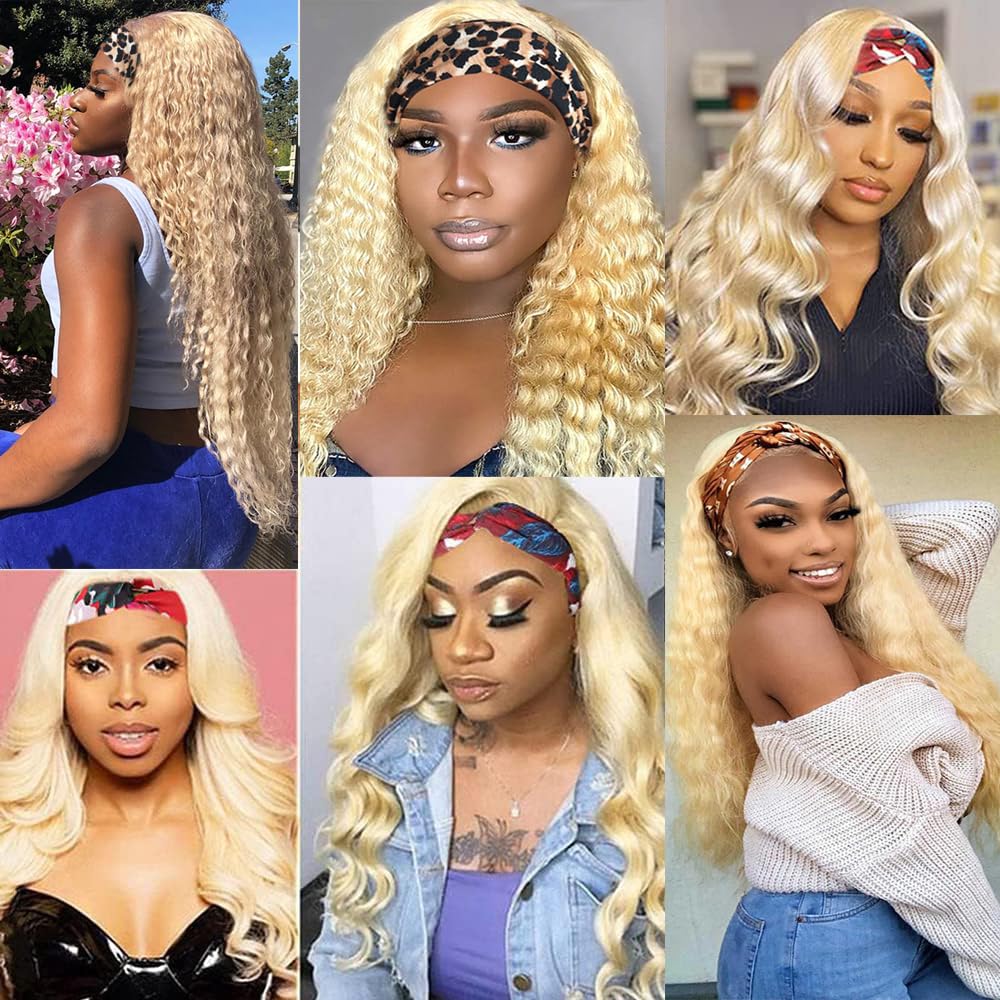 18 Inch #613 Blonde Headband Wigs Human Hair Deep Wave Wigs for Black Women Brazilian Virgin Hair Glueless None Lace Front Half Wig Wear and Go Blonde Headband Wigs Human Hair