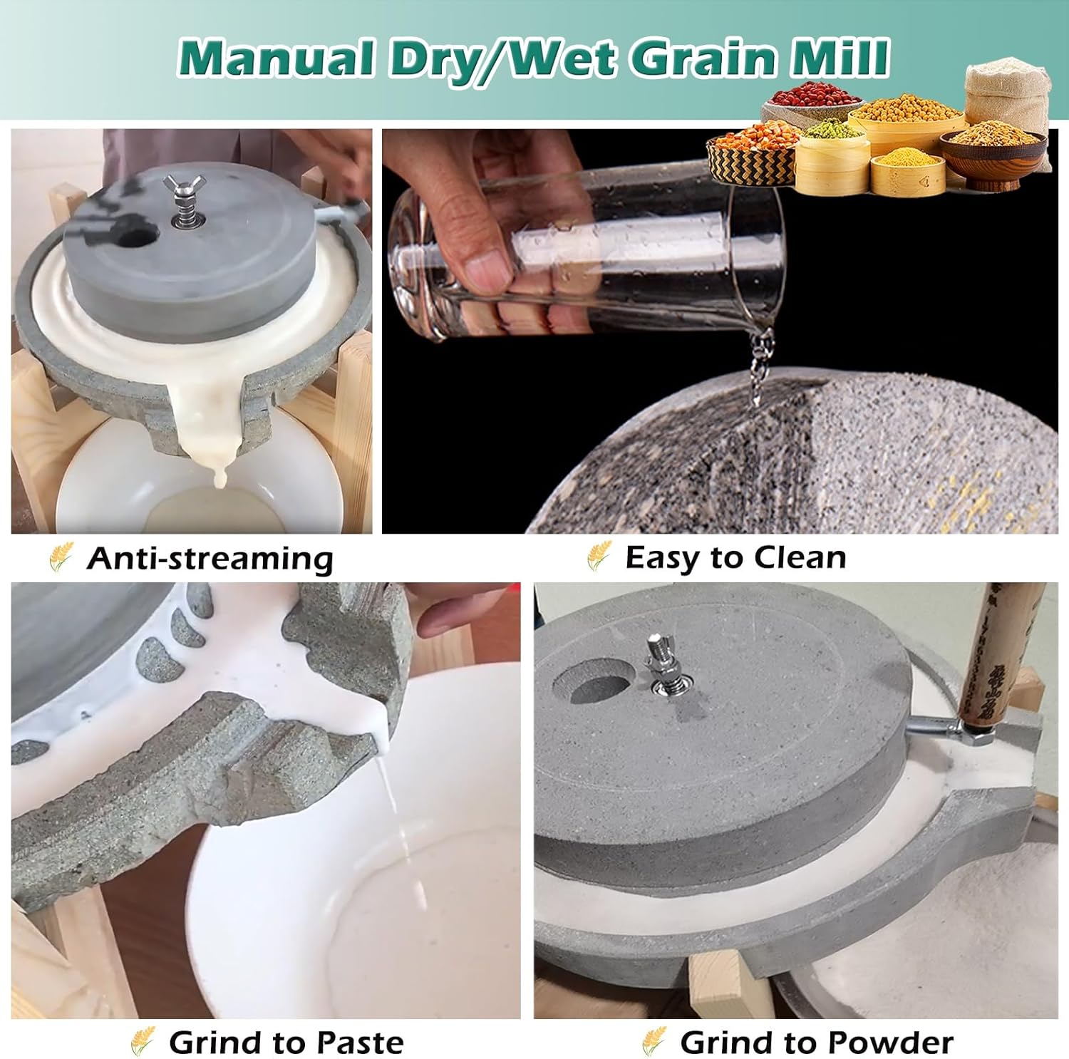 Granite Stone Grinder for Soybeans, Wheat, Rice & Grains - Handmade Mill for Wet & Dry Use - Kitchen Tool for Flour Making at Home