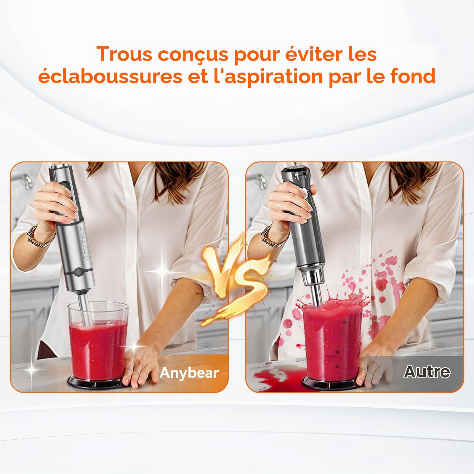 Anybear Mixeur Plongeant 1100W, Moteur Cuivre & Acier Inoxydable | Corps En Acier Inoxydable, Lame Anti-Rayures, Double Batteurs Inclus. Idéal Pour Smoothies, Soupes Et Pâtisserie