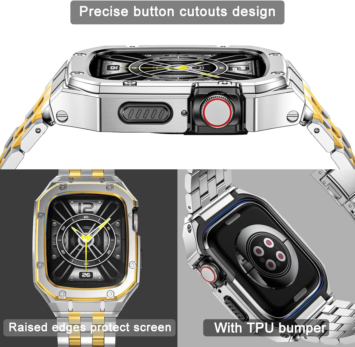 MioHHR Stainless Steel Watch Case with Bands Compatible with Apple Watch Band 46mm Series 11 10, Metal Cover Bumper with iWatch Bands for Apple Watch Series 11/10 46mm, Silver/Gold